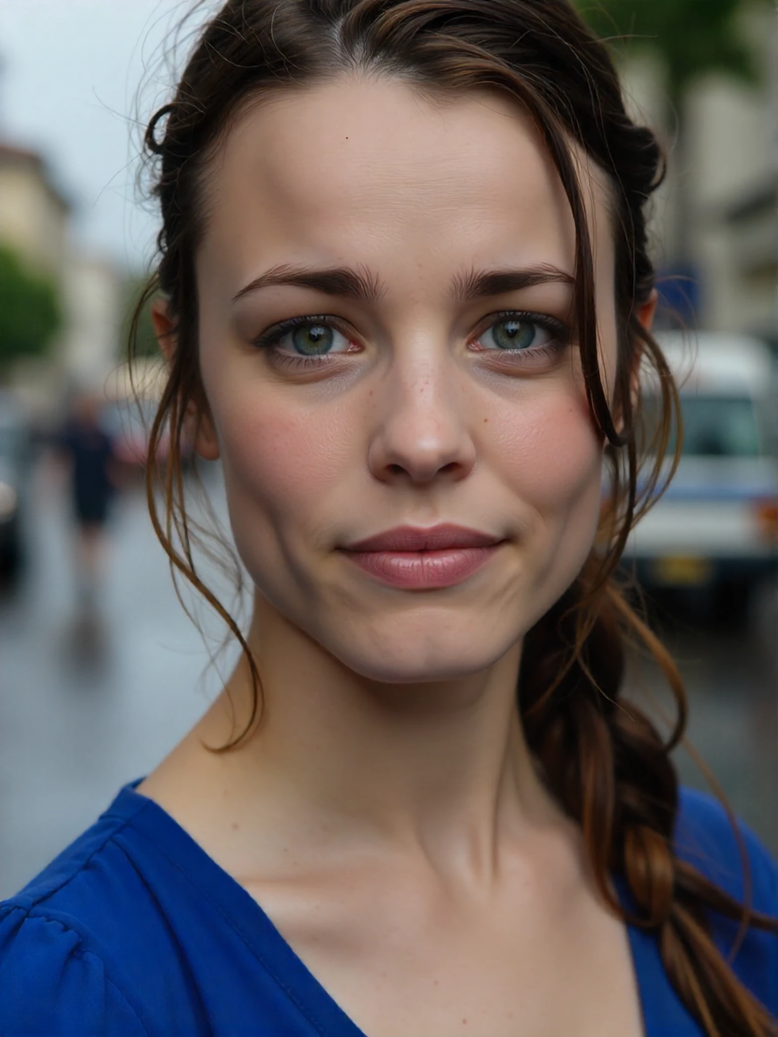 <lora:Rachel_McAdams_2000s:1> woman, brunette, blue dress, standing in the pouring rain crying, she is soaking wet., extreme close-up, zoomed, focus on face, centered, macro shot, face centered, focus on eyes, looking directly at the viewer, looking directly at the camera, making eye contact, looking straight ahead, modest clothes, modest apparel, chest covered, modesty <lora:zz_s_Chest_Size_Slider:-2>