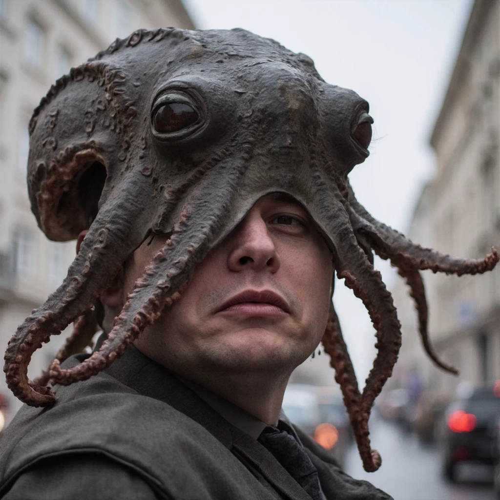 A stuning realistic portrait photography of m00sk wearing a black eyed octopus as a hat, tentacles falling onto his shoulders, in a city street