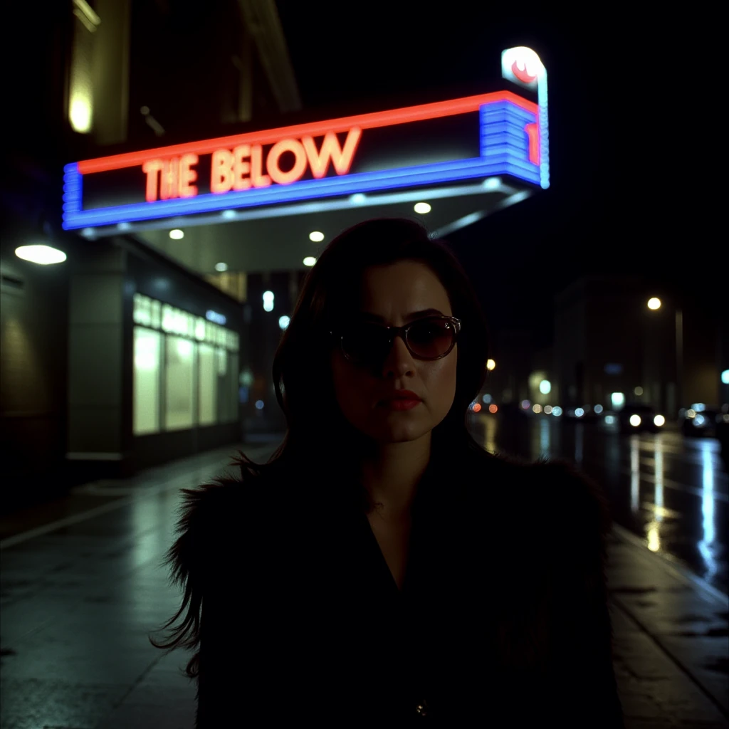 cinematic film still of  <lora:1990's style Dark City v1:0.9>
In 1990's From below, In the 90's  neo-noir science fiction film Emma Anna a woman standing in front of a theater at night, 1girl, sunglasses, sign, dark, neon lights, horror movie themed, sharp, detailed, epic cinematic photography, artistic, dramatic light, cinematic color style, Kodak film style, dark city style, black hair, shallow depth of field, vignette, highly detailed, high budget, bokeh, cinemascope, moody, epic, gorgeous, film grain, grainy