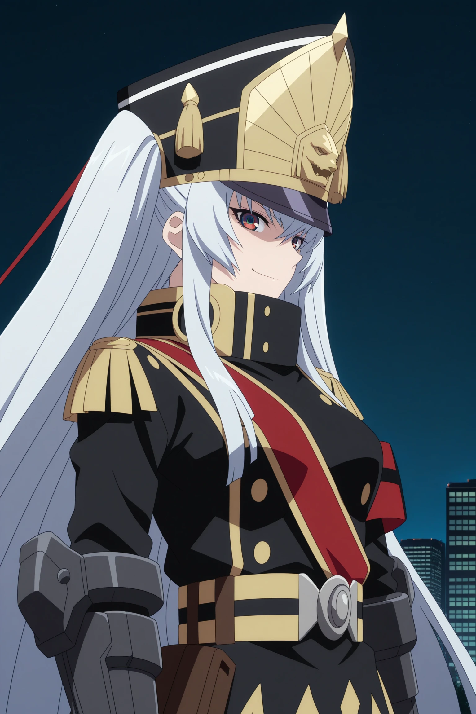 masterpiece, best quality, amazing quality, highres, absurdres, very aesthetic, high resolution, ultra detailed, perfect details, 1girl, solo, outdoors, skyscraper, city lights, (night sky:1.5), medium breasts, military uniform princess, white hair, absurdly long hair, sidelocks, two side up, hair ribbon, multicolored eyes, square pupils, military uniform, long sleeves, armband, shako cap, gauntlets, sash, long coat, long skirt, belt, high heel boots, knee boots,  <lora:Altair_Recreators_ILXL:0.8>, (aged up:1.2), (upper body:1.8), anime coloring, anime screencap, looking at viewer, (pose:1.4), smirk, (hovering:1.5), (from side:1.5)