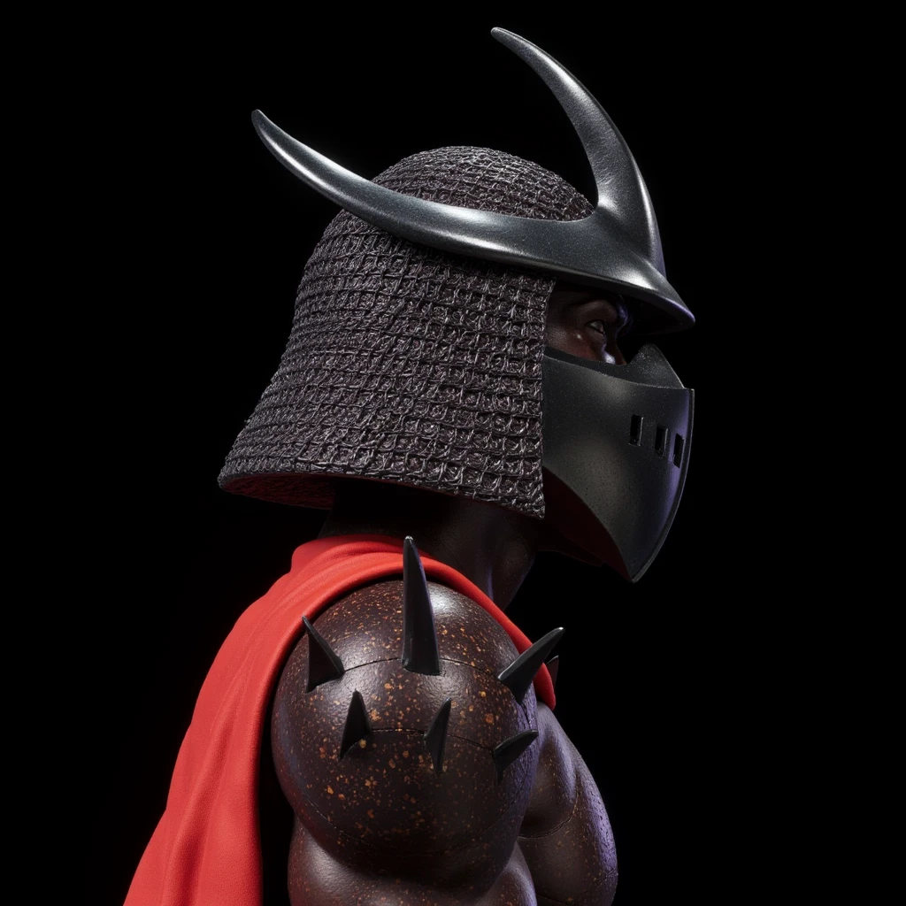 Hyperrealistic art of  <lora:shredder v1:0.9>
super shredder a man in a helmet and a red cloak, solo, armor, from side, profile, traditional media, helmet, robot, mecha, science fiction, retro artstyle, profile, side view, open mouth, portrait, helm, chainmail, japanese armor, samurai, kabuto (helmet), pokemon (creature), no humans, black background, Extremely high-resolution details, photographic, realism pushed to extreme, fine texture, incredibly lifelike