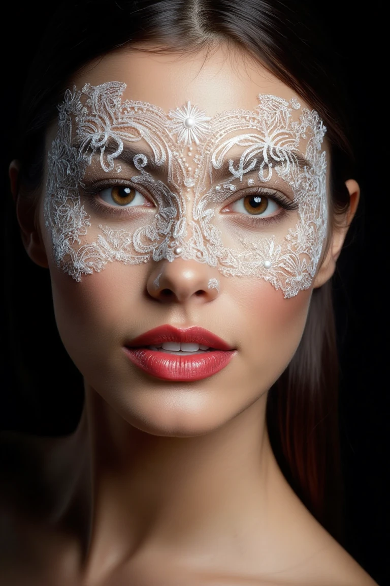 A high-resolution beauty portrait of a woman showcasing intricate and elegant white lace-inspired face art. The design features delicate swirls, floral motifs, and pearl-like embellishments around the eyes, creating a striking and sophisticated mask effect. Her makeup complements the look, with soft, neutral eyeshadow, dramatic winged eyeliner, and bold, matte red lipstick.

Her hair is sleek and pulled back, emphasizing her refined facial features and the intricate artwork. The background is a deep, solid black, creating a sharp contrast that highlights the luminous face art and the vivid tones of her lips. The lighting is soft and even, accentuating her flawless skin texture and the fine details of the design while adding depth to the overall composition.