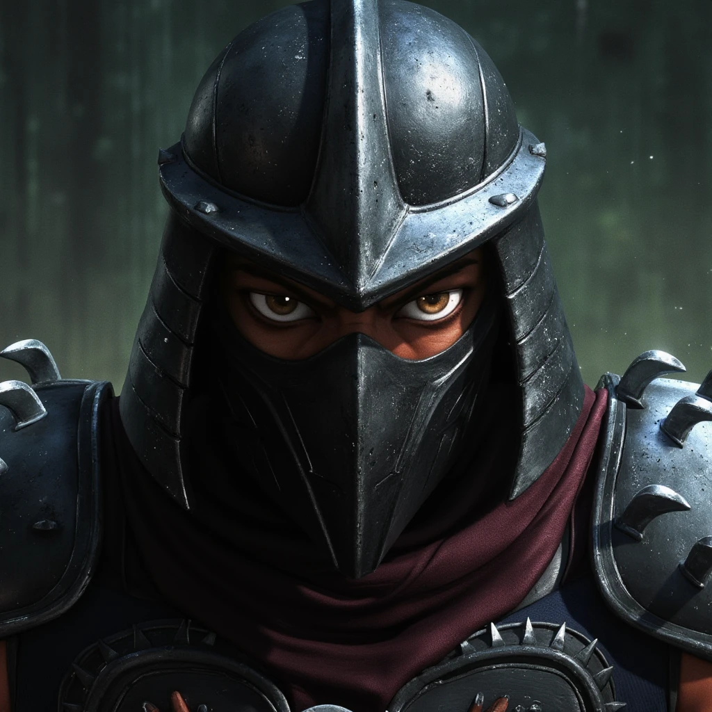 Hyperrealistic art of  <lora:shredder v1:0.9>
super shredder a man in armor and a mask, solo, looking at viewer, hat, brown eyes, armor, mask, scar, helmet, portrait, mouth mask, closeup, serious look on face, staring, dire in background, ninja, scarf, scar on face, Extremely high-resolution details, photographic, realism pushed to extreme, fine texture, incredibly lifelike