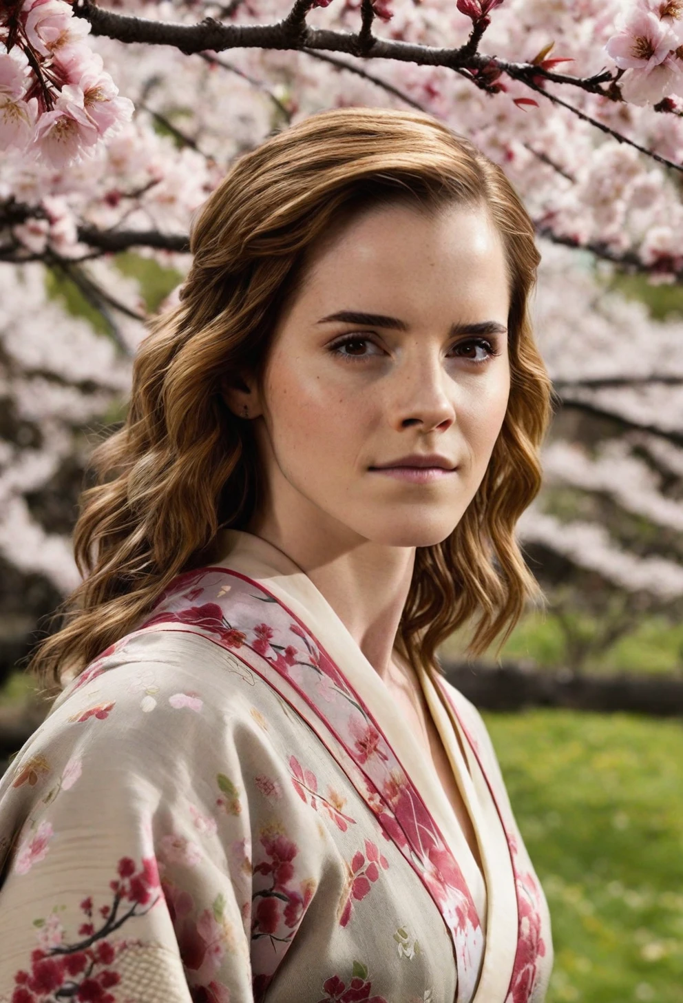 a photo of emma_watson_(harry_potter), brown hair,freckles,upper body, photorealistic,smile,RAW color photo,(fully in frame:1.1), looking at viewer,(goosebumps:0.5),wearing a kimono,cherry trees,  <lora:emma_watson_(harry_potter):1>