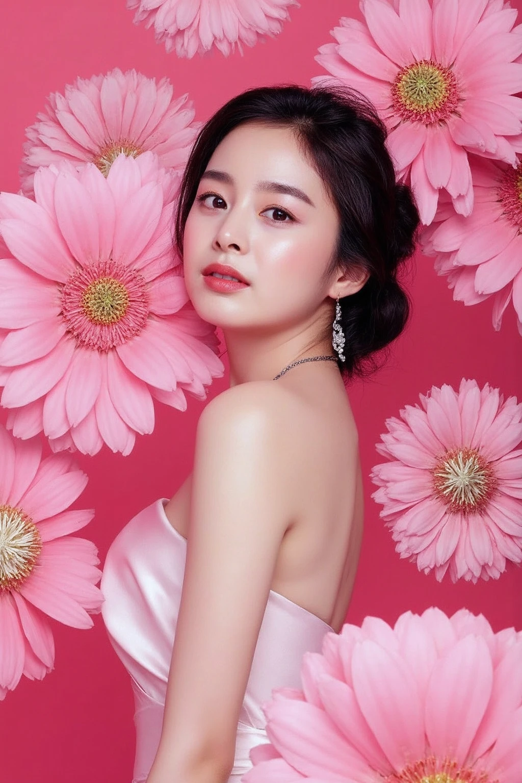 The image showcases a young asian woman wearing necklace and earrings with pale skin and makeup. She is positioned against a strikingly vibrant pink background, which is filled with large dandelion flowers. The flowers dominate the composition, adding a dramatic and intense contrast to her skin tone and overall appearance.
The woman is dressed in a sleeveless gown, which drapes softly over her shoulders, leaving her upper back and one shoulder exposed. Her expression is calm and slightly mysterious, with her gaze directed slightly to the side, away from the camera. The large flowers, some of which overlap with her figure, create a dreamy and surreal atmosphere, as if she is blending into or emerging from the floral background., <lora:flux_realism_lora:1>, <lora:makinaflux_kimtaehee_v1.0:1>