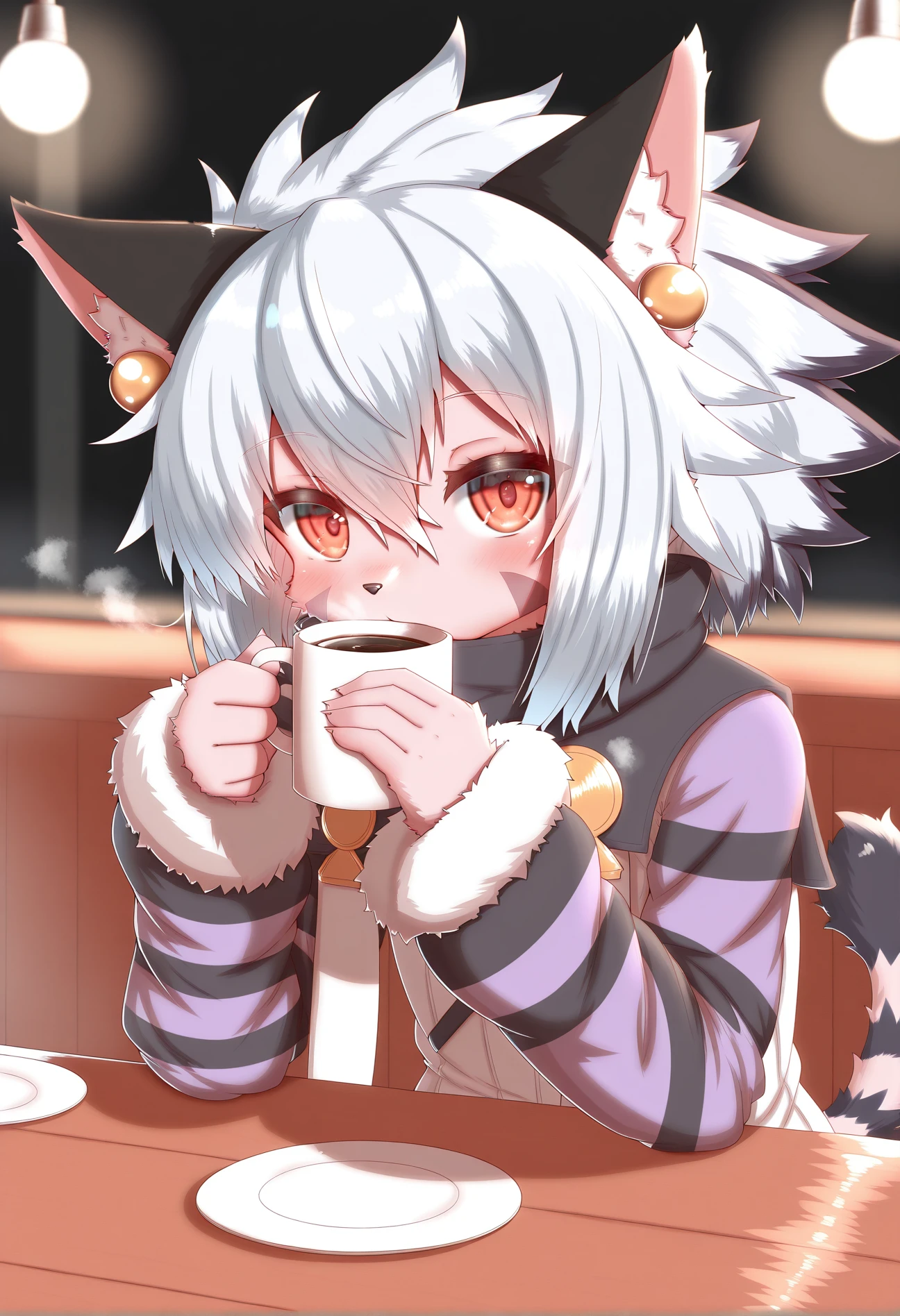 masterpiece, best quality, amazing quality, horokusa0519, <lora:ElhIllus.safetensors:1>, elh, 1girl, solo, upper body, looking at viewer, expressionless, light blush, furry female, cat ears, red eyes, orange eyes, short hair, white hair, shiny hair, facial mark, animal nose, body fur, striped tail, elhattire, earrings, fur trim, striped sleeves, holding cup, coffee mug, steam, sitting at table, one hand up, drinking, hand on table, wood table, empty plate, detailed background, dim lighting, cafe, hanging light, shadows