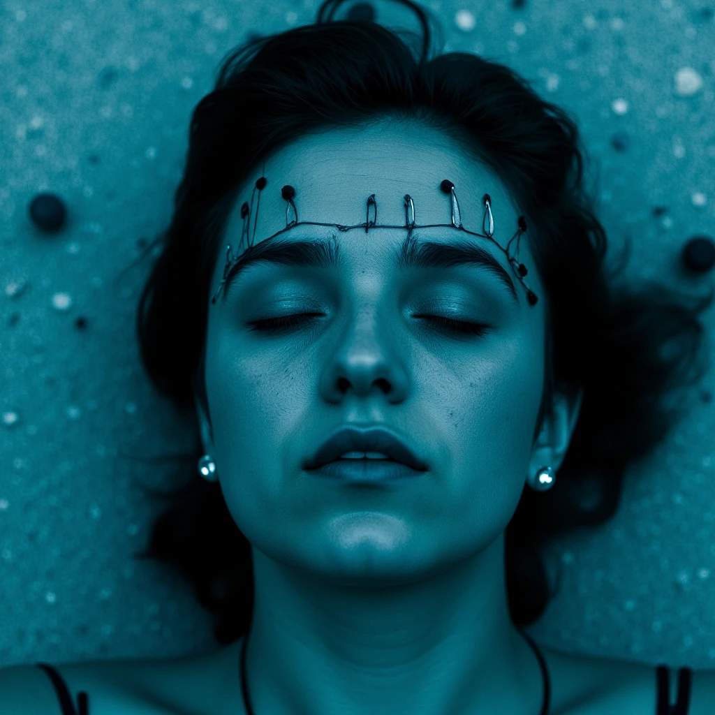 Hyperrealistic art of  <lora:Cryonics style v1:0.9>
Cryonics a woman with a head full of wires laying on ground, movie themed, sharp, detailed background, epic cinematic photography, artistic style, dramatic light style, cinematic color style, Kodak 35mm film style, detailed style, Cryonics style, 1girl, solo, closed mouth, monochrome, closed eyes, lips, eyelashes, portrait, close-up, blue theme, underwater, realistic, cable, short hair, black hair, jewelry, earrings, mole, sleeping, mole under mouth, suspended animation, pale skin, Extremely high-resolution details, photographic, realism pushed to extreme, fine texture, incredibly lifelike