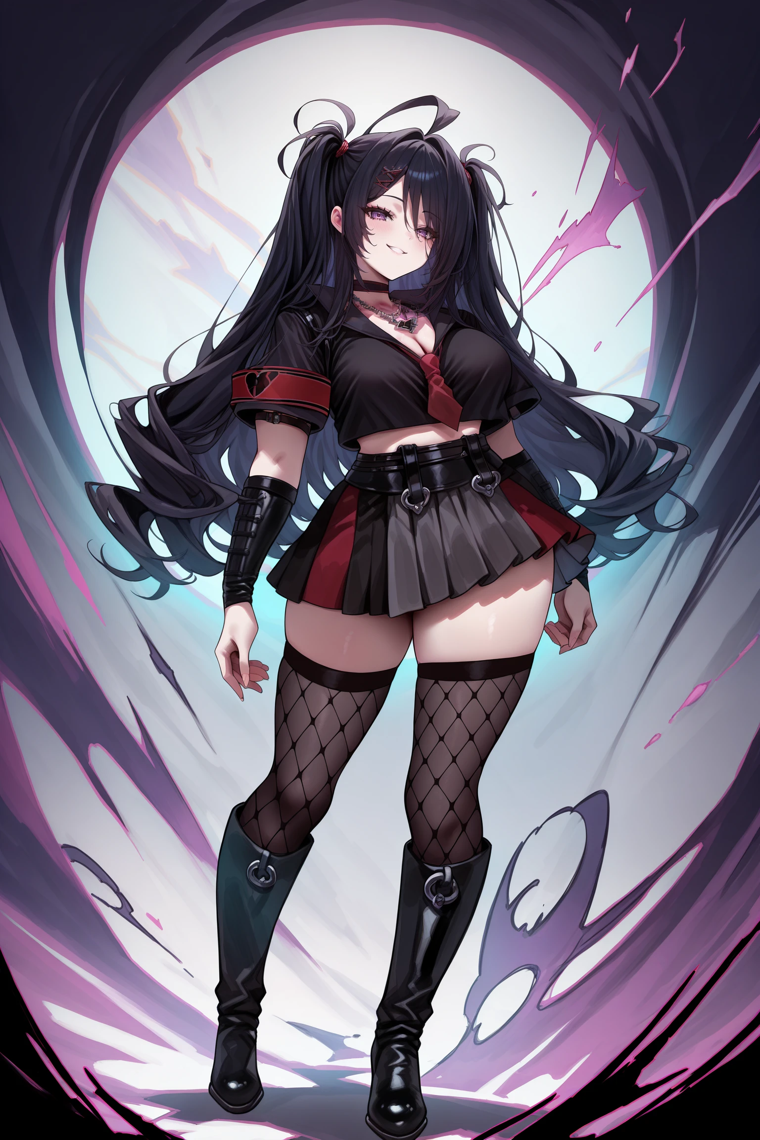 masterpiece, best quality, anime, 2d, 1girl, purple eyes, very long hair, two side up, black hair, red hairclip, hair tie, choker, cross necklace, black clothes, red neckerchief, short sleeves, red armband, arm strap, black arm guard, black belt, two-tone skirt, frilled miniskirt, fishnet thighhighs, knee black boots, <lora:Z11ILSTCAMEq1v1 AL:1>, full body, abstract, , absurdres, incredibly absurdres, happy