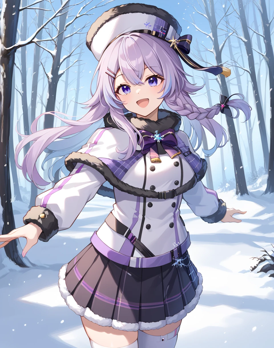 nun_bora, nun_bora_default, long hair, purple hair, sidelocks, brided sidelock, purple eyes, hat, fur trim, skirt, virtual youtuber, braid, fur-trimmed capelet, battle clothes, hat bow, fur capelet, white jacket, battle clothes, fur hat, hat bow, fur capelet, white jacket, black skirt, white legwear, uneven legwear, single legwear BREAK outdoors, forest, snow, snowing BREAK happy face, open mouth, looking up, spread arms BREAK score_9, score_8_up, score_7_up, source_anime ,zPDXL, <lora:Nun_Bora:0.8>, from afar