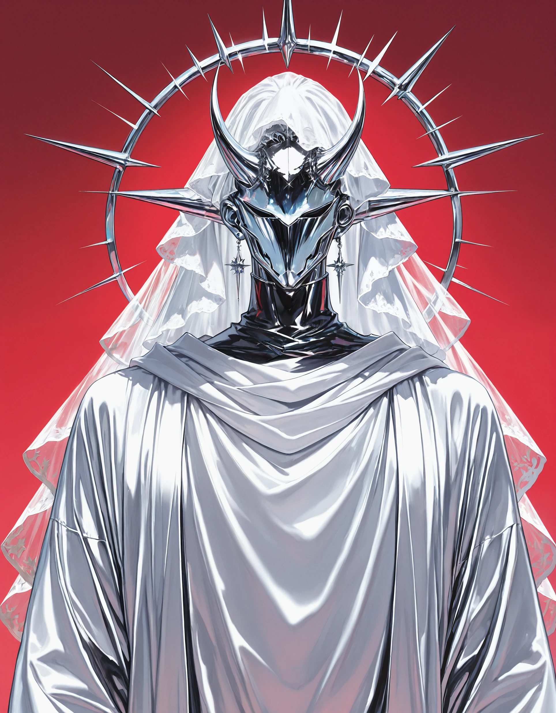 masterpiece, best quality, very aesthetic, absurdres, newest,  <lora:Chromecore_illu:1>,Chrome_core_illu, solo, 1other, veil,  upper body, robe, white robe, ambiguous gender,red background, halo,horns,spiked hair,