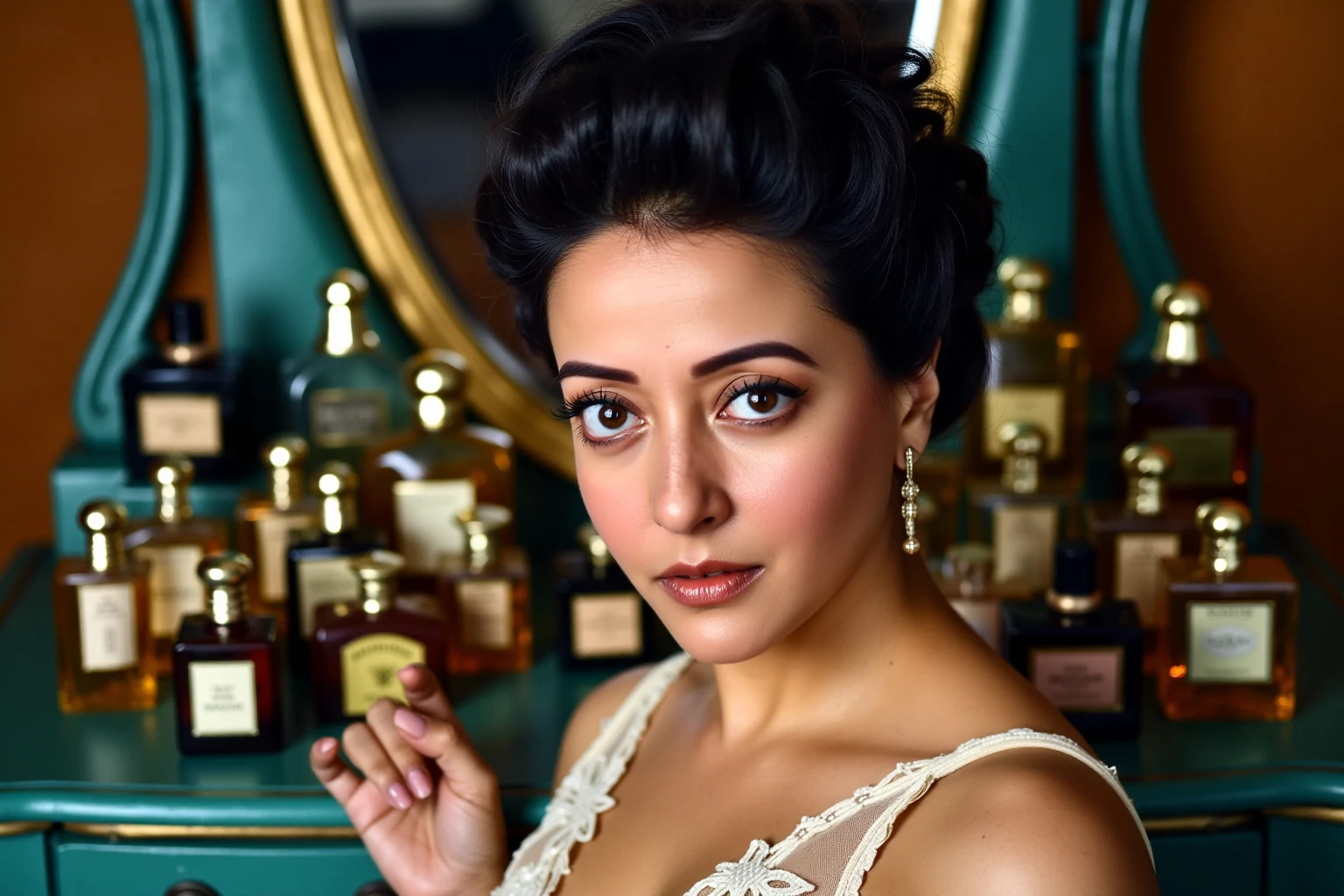 Close-up portrait of raimasenukohwx  with dark, curly hair styled in a vintage updo.  noticeable, highly expressive eyes.  She gazes directly at the viewer with a captivating, slightly serious expression.  Soft, rosy peach lipstick and subtle blush enhance her features.  The woman wears a delicate, off-white, lacy sleeveless top.  The lace pattern is intricate, delicate, and floral.  The setting is a refined, timeless boudoir.  Soft lighting and rich shadows create a dramatic mood.  Numerous vintage, glass, perfume bottles of different shapes and colors are meticulously arranged on a teal-toned vanity or dressing table with antique mirrors.  Deep, rich and earthy tones like teal, gold, and caramel are featured in the background.  The composition is tightly framed with a clear focus on the woman's face and upper body.  The perspective is slightly angled, drawing close attention to the subject's personality. Vintage,  refined, portrait,  romantic, and moody are relevant keywords.  Classic, timeless style with a subtle touch of elegance.
