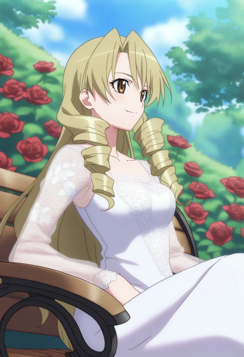 <lora:Saki Tenjouin - [To Love Ru] - illustriousXL v1:1>, sysdeep_saki, long hair, gold hair, twin drills, brown eyes, solo, Garden bench, lace dress, surrounded by blooming roses, gentle smile