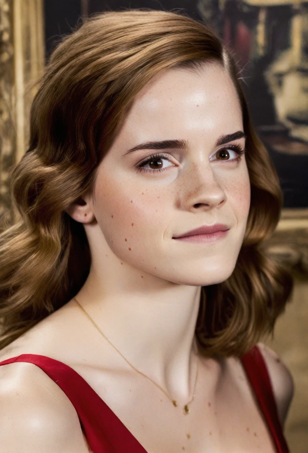 a photo of emma_watson_(harry_potter), brown hair,freckles,upper body, photorealistic,smile,RAW color photo,(fully in frame:1.1), looking at viewer,(goosebumps:0.5),wearing a red dress,cinema,  <lora:emma_watson_(harry_potter):1>