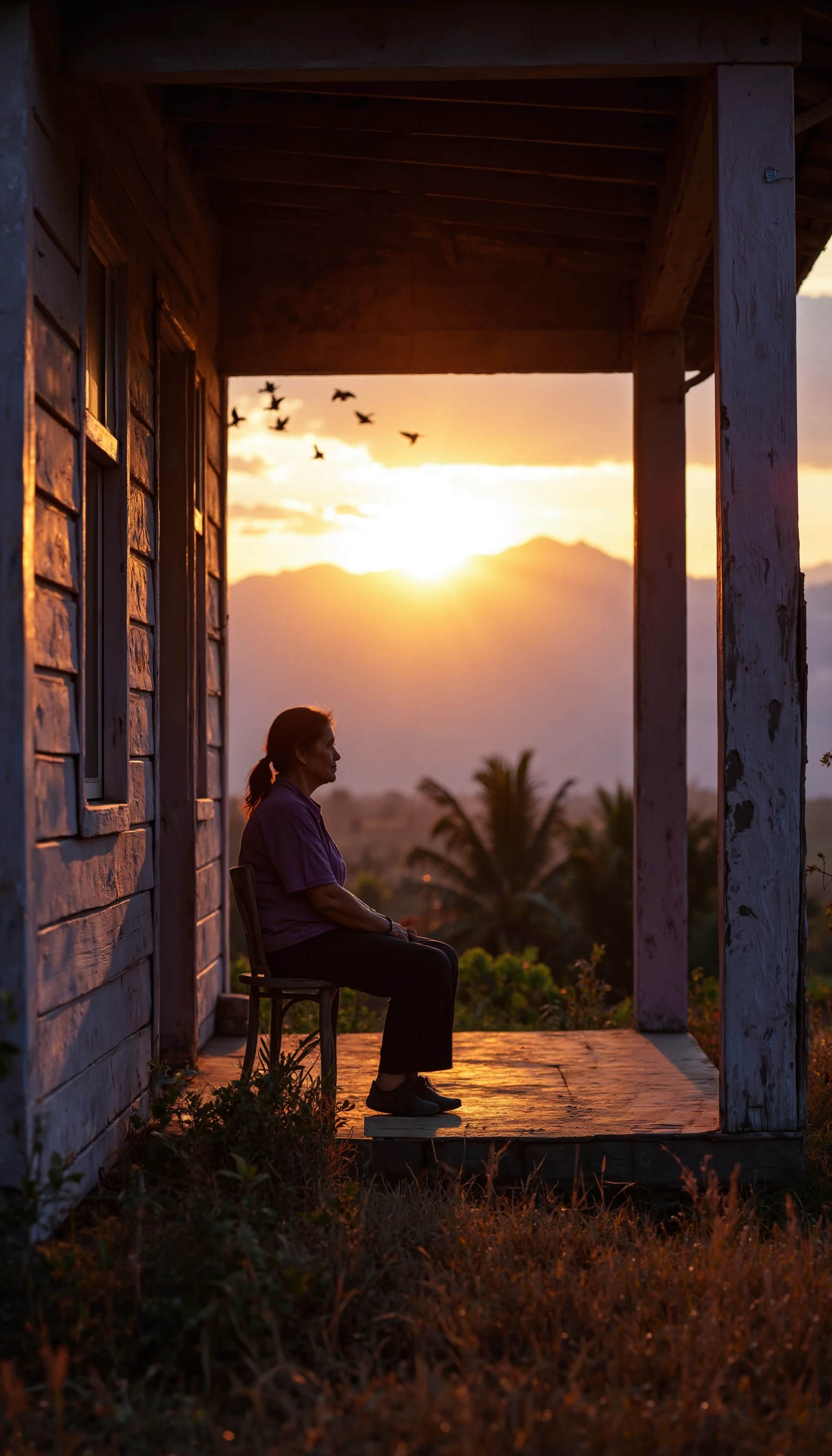 RAW DSLR photo, color graded, Nikon D850, 40mm lens.

A middle aged woman of latino origin is sitting on the porch of her house, looking at the sun setting over the Andes mountain in the distance. The house has faded painted wooden features, and looks old. The light is low, razing, projecting warm shadows, with a hint of purple, across the scene.
There are low and dry grass in front of the porch, and in the distance, you can see tropical plants. There's a flock of birds frolicking in the clouds.