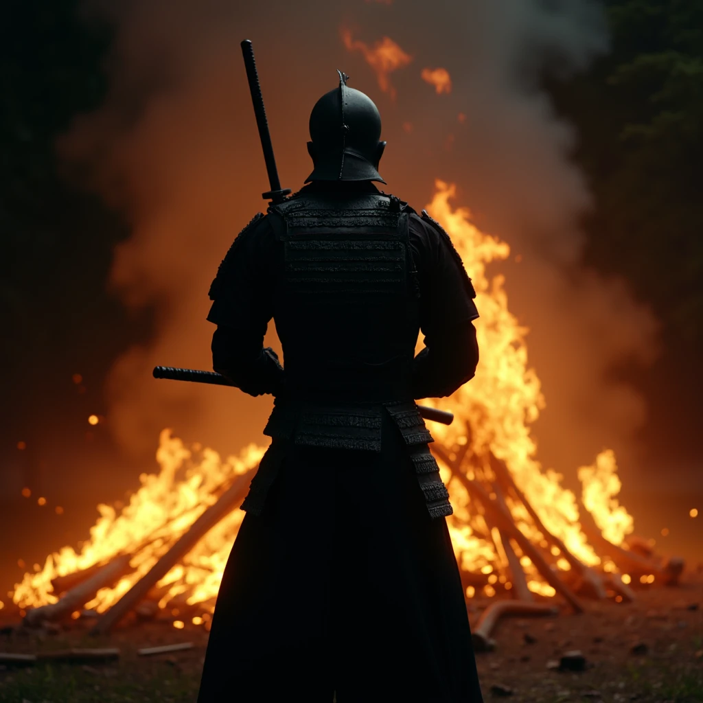 cinematic film still of <lora:Shogun style v1:0.5>
Shogun a man in a dark armor standing in front of a fire, solo, 1boy, holding, standing, weapon, male focus, sword, holding weapon, armor, holding sword, helmet, fire, shoulder armor, facing viewer, full armor, embers, burning, Japanese culture, Samurai, armor, warrior, horror theme, Shogun style, shallow depth of field, vignette, highly detailed, high budget, bokeh, cinemascope, moody, epic, gorgeous, film grain, grainy