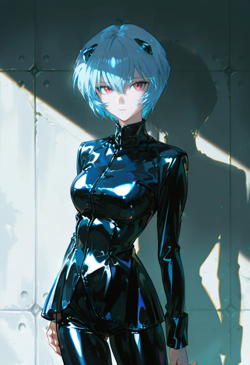 latex riding jacket,shiny clothes,1girl,solo,looking at viewer,konya_karasue,ayanami_rei