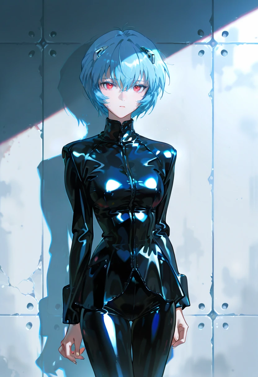 latex riding jacket,shiny clothes,1girl,solo,looking at viewer,konya_karasue,ayanami_rei