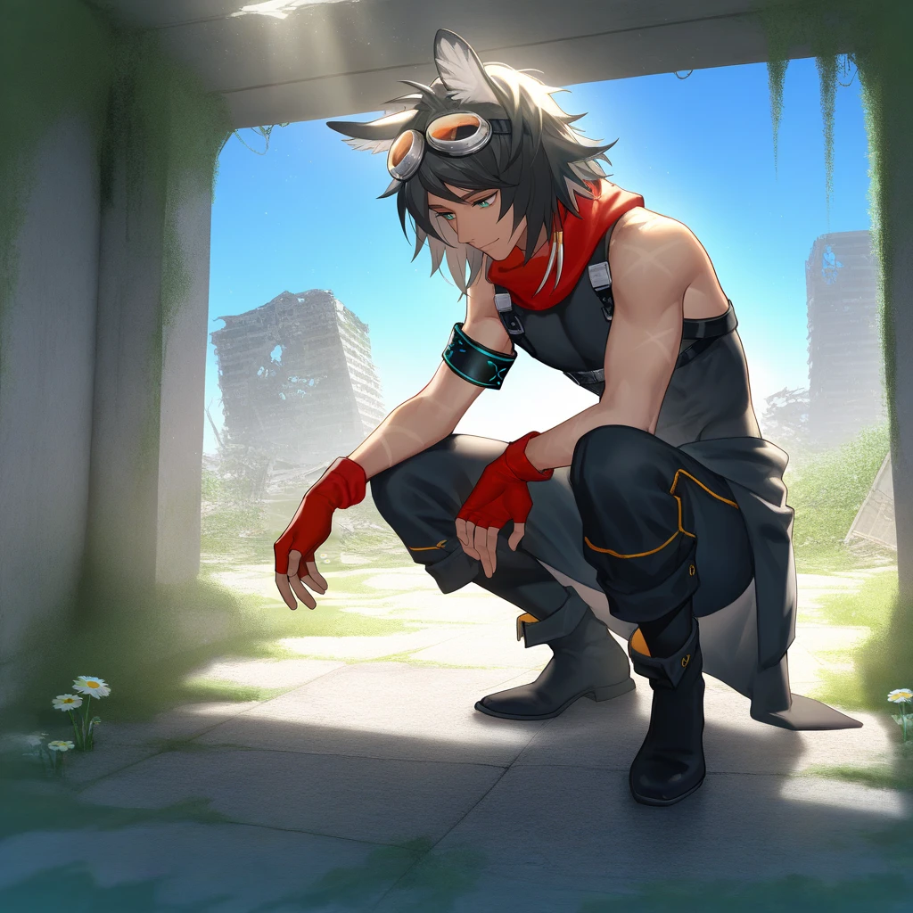 1boy, solo, courier \(arknights\), courierarknights, mature male, (toned male:1.2), deer ears, animal ear fluff, medium hair, aqua eyes, bright pupils, tanned skin, covered pectoral, covered abs, (artist:krenz, artist:quuni, artist:mebaru:1.2), nyalia, depth of field, realistic lighting, photo background, post-apocalypse, blue sky, indoor, concrete building, light particles, light rays, ruins, buildings, dilapidated, moss, daisy, squatting, looking down, looking at daisy, light smile, red scarf, single armband, goggles on head, tooth hair ornament, orange goggles, welding goggles, red gloves, fingerless gloves, black bodysuit, sleeveless bodysuit, chest harness, black jacket around waist, black pants, black legwear, black boots, zipper, perfect face, detailed face, detailed eyes, perfect eyes, masterpiece, best quality, newest, absurdres, highres, uncensored, <lora:nyalia:0.4>, <lora:CourierArknights E2 3.0:0.8>, <lora:DetailedEyes_xl_V2:1>, <lora:add-detail-xl:2>