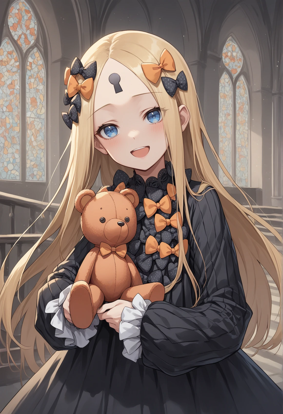 1girl, blonde hair, long hair, blue eyes, forehead, sidelocks, parted bangs, hair bow, polka dot bow, orange bow, black dress, long sleeves, sleeves past wrists, sleeves past fingers, indoors, mansion, holding teddy bear, smile, open mouth  <lora:Abigail_Williams_v2_pony:1>, score_9, score_8_up, score_7_up, score_6_up, score_5_up, score_4_up, BREAK source_anime, masterpiece