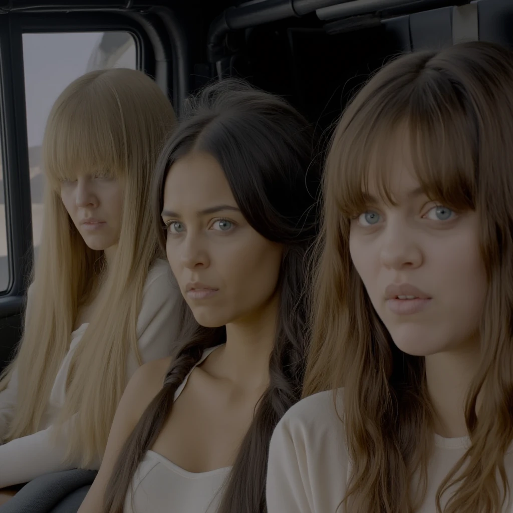 cinematic film still of  <lora:dystopian style Mad Max v1:0.9>
In a dystopian world - The collapse of society Breeder a group of different women sitting in a car, long hair, looking at viewer, blue eyes, multiple girls, blonde hair, brown hair, black hair, closed mouth, upper body, braid, hair over one eye, 4girls, wavy hair, freckles, realistic, action movie themed, sharp, detailed, epic cinematic photography, artistic, dramatic light, cinematic color style, Kodak film style, Mad Max Fury Road style, lips
, shallow depth of field, vignette, highly detailed, high budget, bokeh, cinemascope, moody, epic, gorgeous, film grain, grainy