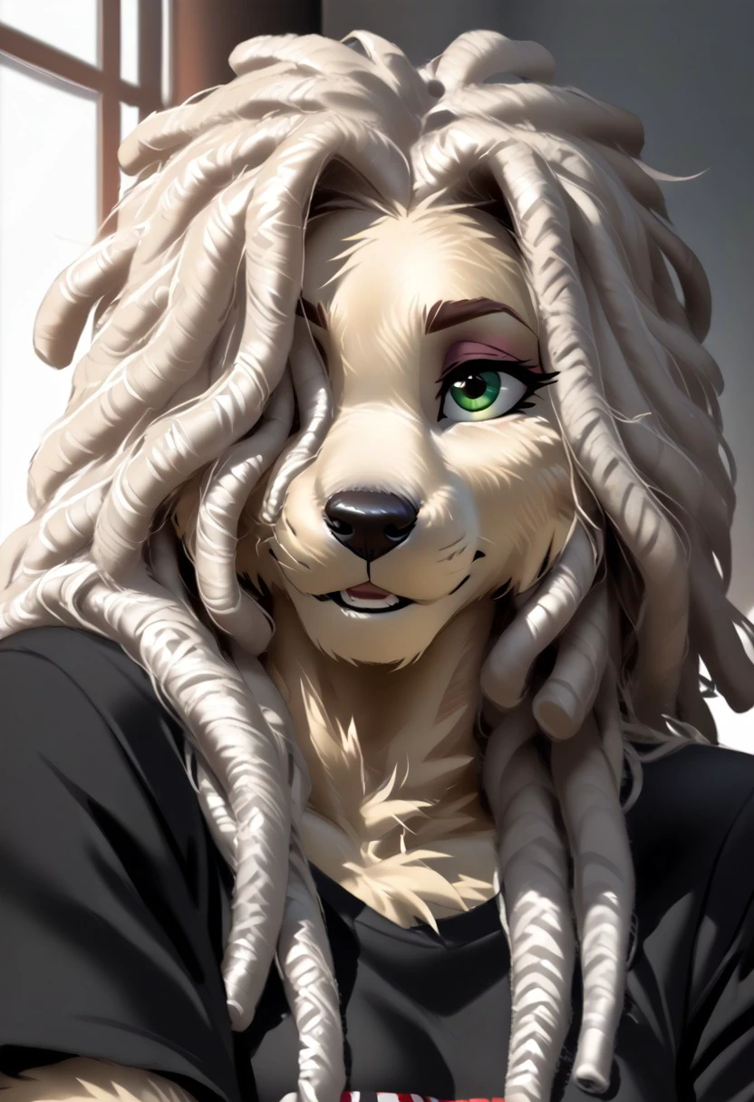 score_9, score_8_up, score_7_up, (by zummeng:1.5), (by jailbird:1.5), (by kittydee:1.5), masterpiece, best quality, (solo), 
(Furry Art : Anthro : komondor:1.5), 1girl, expressive eyes, feminine eyes, perfect face, feminine face, (white hair), (dreadlocks:1.5), feminine body, (medium breasts), dog, canine, hungarian sheepdog, (corded fur:1.5), (dreadlock fur:1.5), (long fur:1.5), (white fur), (hair covering one eye:1.5), (black t-shirt:1.5), (green eyes),