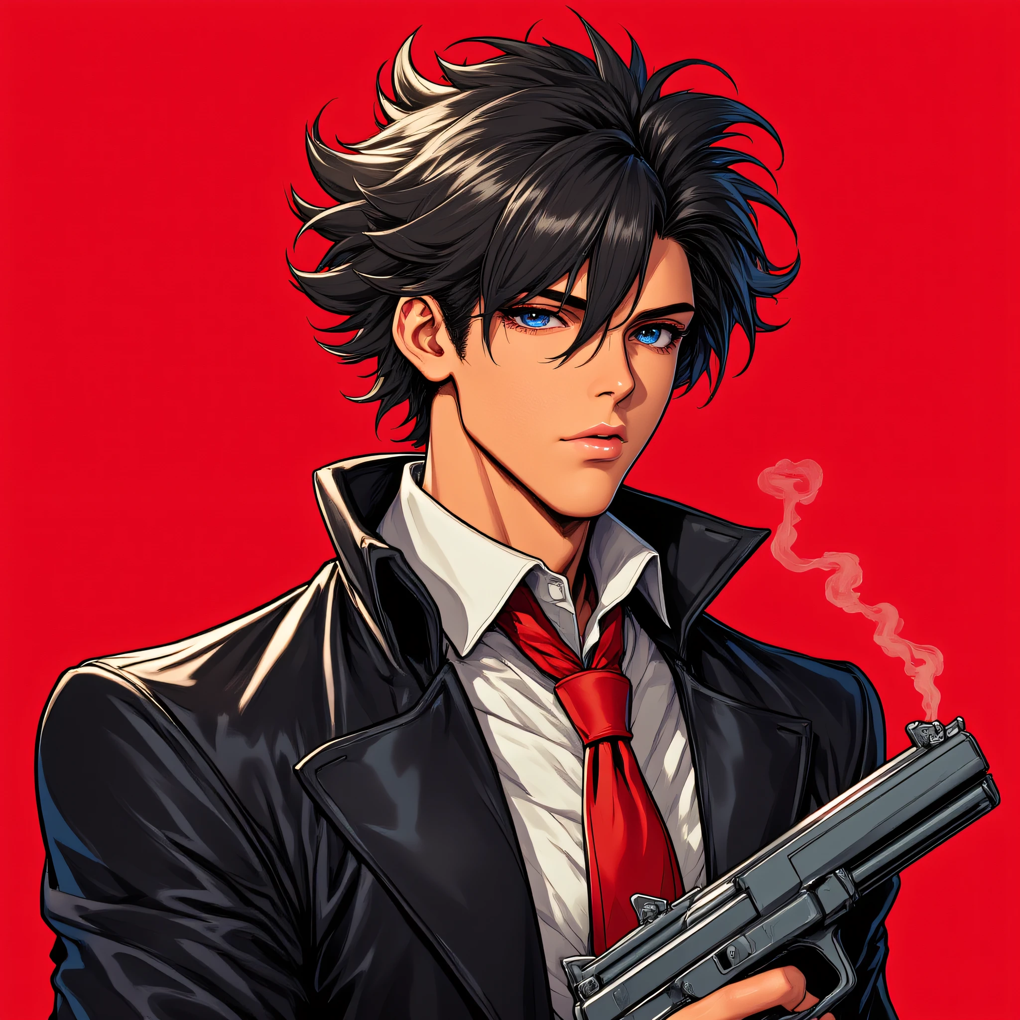 ArsNijiStyle, Spike Spiegel, The image is an illustration of a young man holding a gun. He is wearing a black leather jacket and a red tie. His hair is styled in a messy spiky manner and he has a serious expression on his face. The background is a solid red color and there is a hint of smoke coming out of the gun. The overall style of the illustration is cartoon-like and the overall mood of the image is serious and intense.