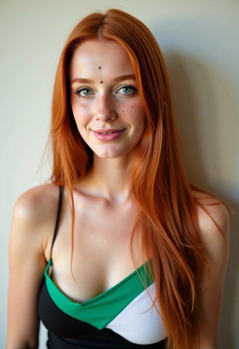 A Raw Color photo features a young, fair-skinned Ginger woman with long, straight, reddish-brown hair and very visible skin freckles. She has a delicate face with light makeup, including a small stud piercing on her lower lip. She is wearing a black, white and Green, one shoulder off top, which is semi-transparent, revealing the outline of her breasts. The background is a plain, light-colored wall, and the lighting is soft, creating a natural and intimate atmosphere. The woman's expression is calm and slightly introspective, with her gaze directed to the viewer with a cute inviting smile. The overall composition is simple and focuses on her natural beauty. Spicy_Hot_Red