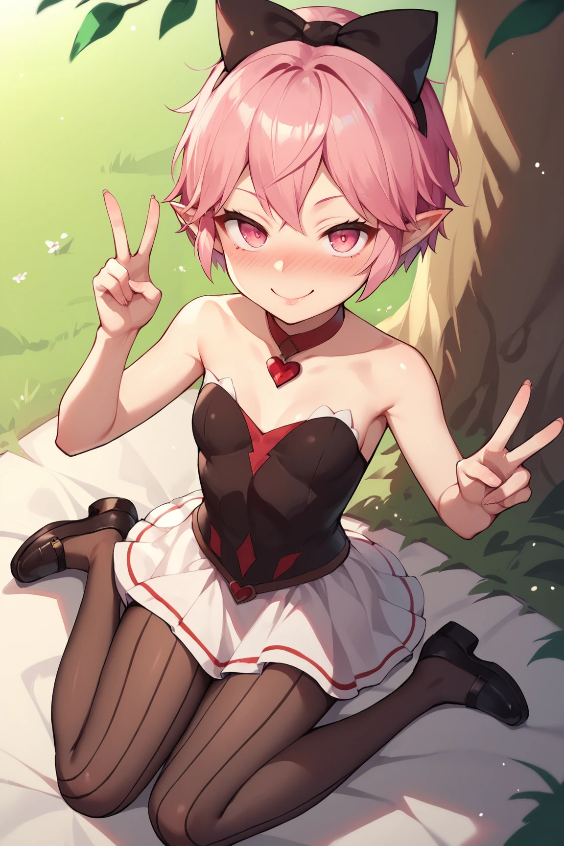 score_9, score_8_up, score_7_up, score_6_up, BREAK, NinaICPXL, pink eyes, pink hair, short hair, hair bow, black bow, pointy ears, small breasts, bare shoulders, red shocker, black dress, white skirt, black pantyhouse, black shoes, solo, sitting, above view, peace sign, seductive smile, looking at viewer, naughty face, nose blush, forest <lora:NinaICPXL:0.8>