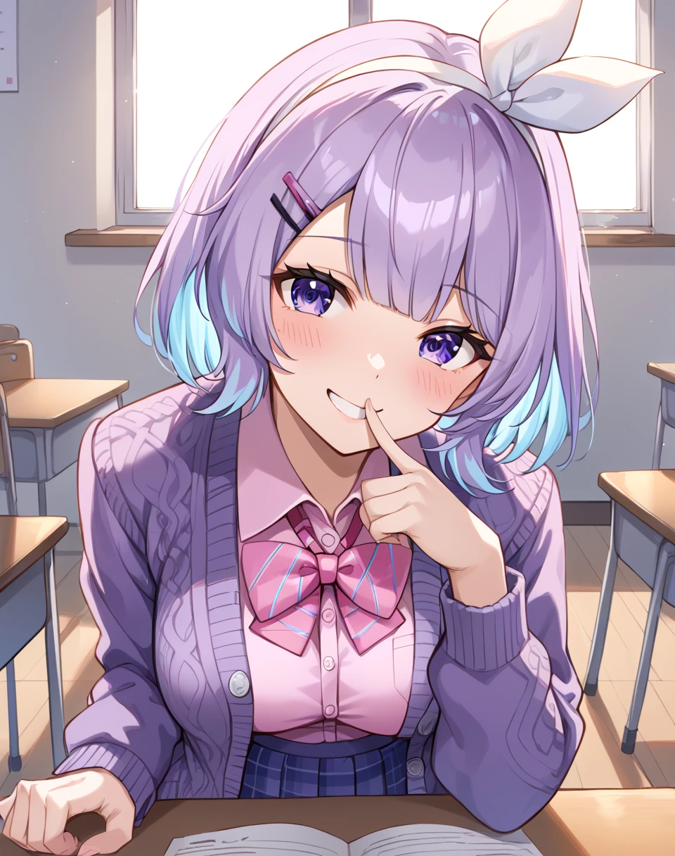 nun_bora, nun_bora_school, short hair, purple hair, purple eyes, virtual youtuber,colored inner hair,  blue hair, collared shirt, multicolored hair,  school uniform, bow hairband, purple cardigan, pink shirt, plaid neck ribbon, open cardigan, plaid skirt, pleated skirt, blue skirt BREAK indoors, classroom, BREAK sitted on desk, finger near mouth, smile, blush, looking at viewer, BREAK score_9, score_8_up, score_7_up, source_anime ,zPDXL, <lora:Nun_Bora:0.8>