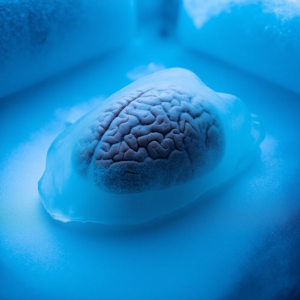 Hyperrealistic art of  <lora:Cryonics style v1:0.9>
Cryonics a frozen brain covered in ice wrap on a blue ice cold surface in north pol, movie themed, sharp, detailed background, epic cinematic photography, artistic style, dramatic light style, cinematic color style, Kodak 35mm film style, detailed style, Cryonics style, solo, no humans, blue background, realistic, still life, ice, painting (medium), frozen
, Extremely high-resolution details, photographic, realism pushed to extreme, fine texture, incredibly lifelike