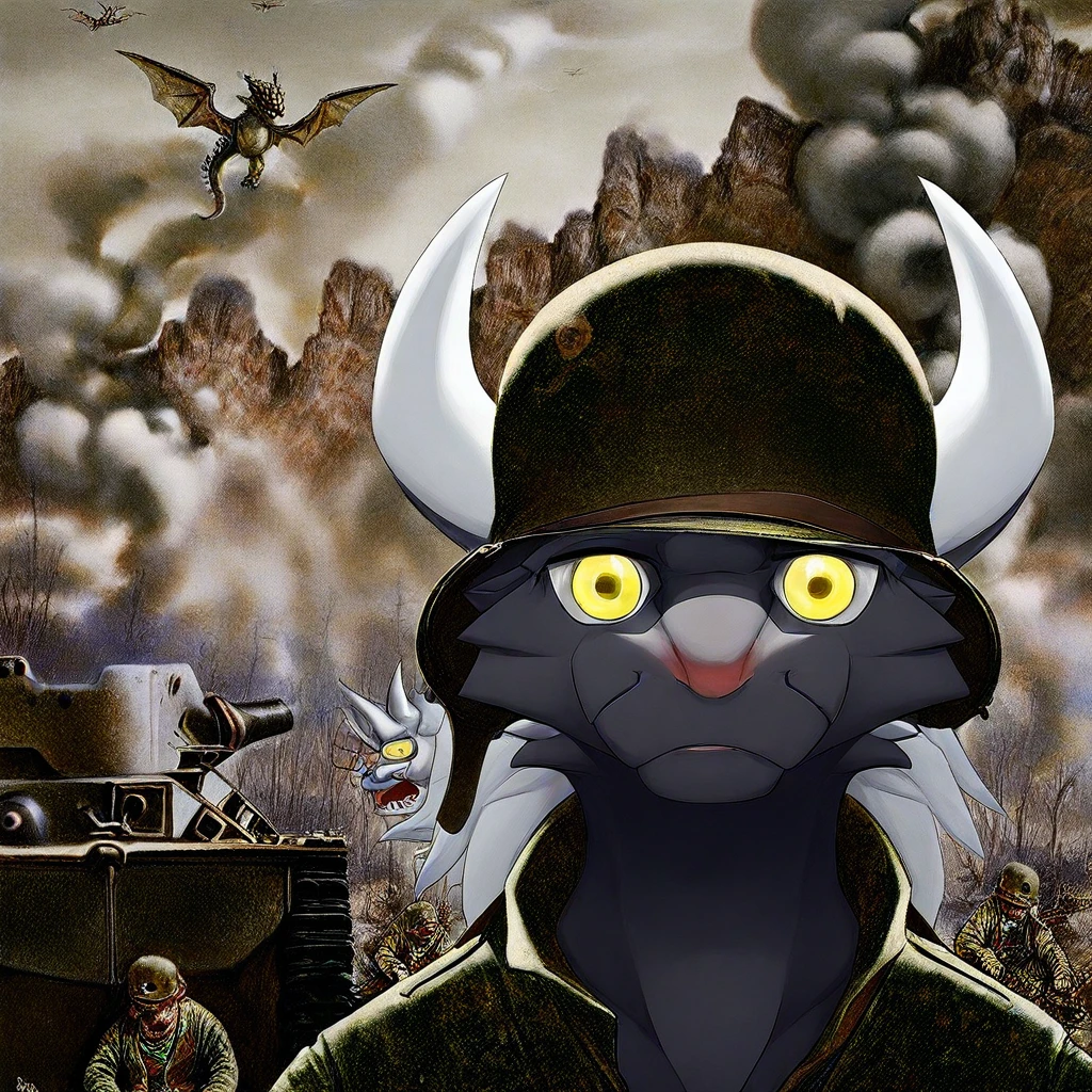 mikus-cooncept, military action in background, exhausted, shocked, looks at viewer, black fur, dragon, furry, white hair, white horns, yellow eyes