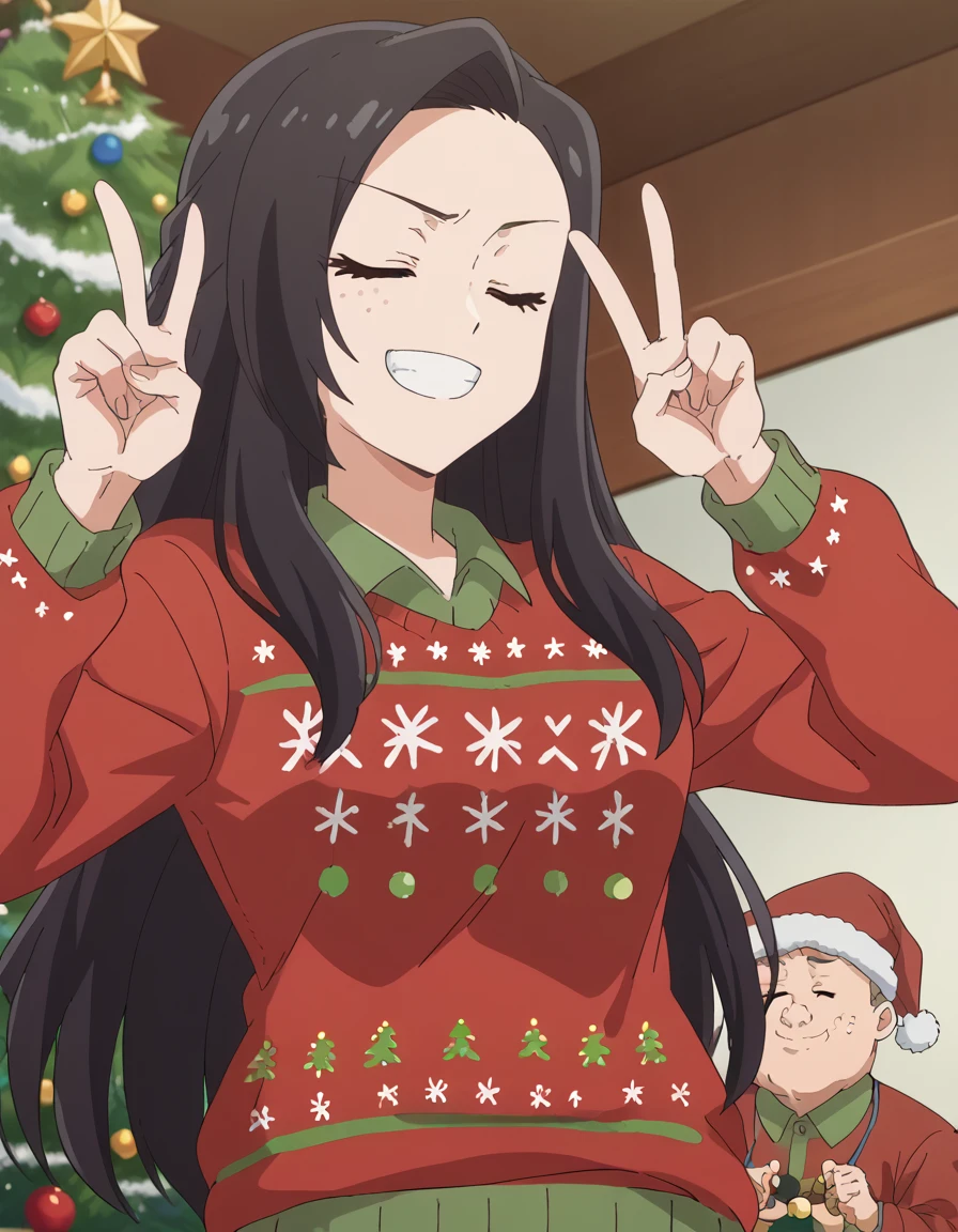 score_9, score_8_up, score_7_up, source_anime, <lora:asako-kurokawa-s1-ponyxl-lora-nochekaiser:1>, asako kurokawa, long hair, black hair, black eyes, medium breasts, anime screencap,, <lora:christmas-sweater-ponyxl-lora-nochekaiser:1>, christmas sweater, christmas, ugly sweater, print sweater, red sweater, christmas tree, christmas ornaments, sweater, multicolored sweater, , v, smile, hands up, teeth, closed eyes, cowboy shot,, , dutch angle, cowboy shot