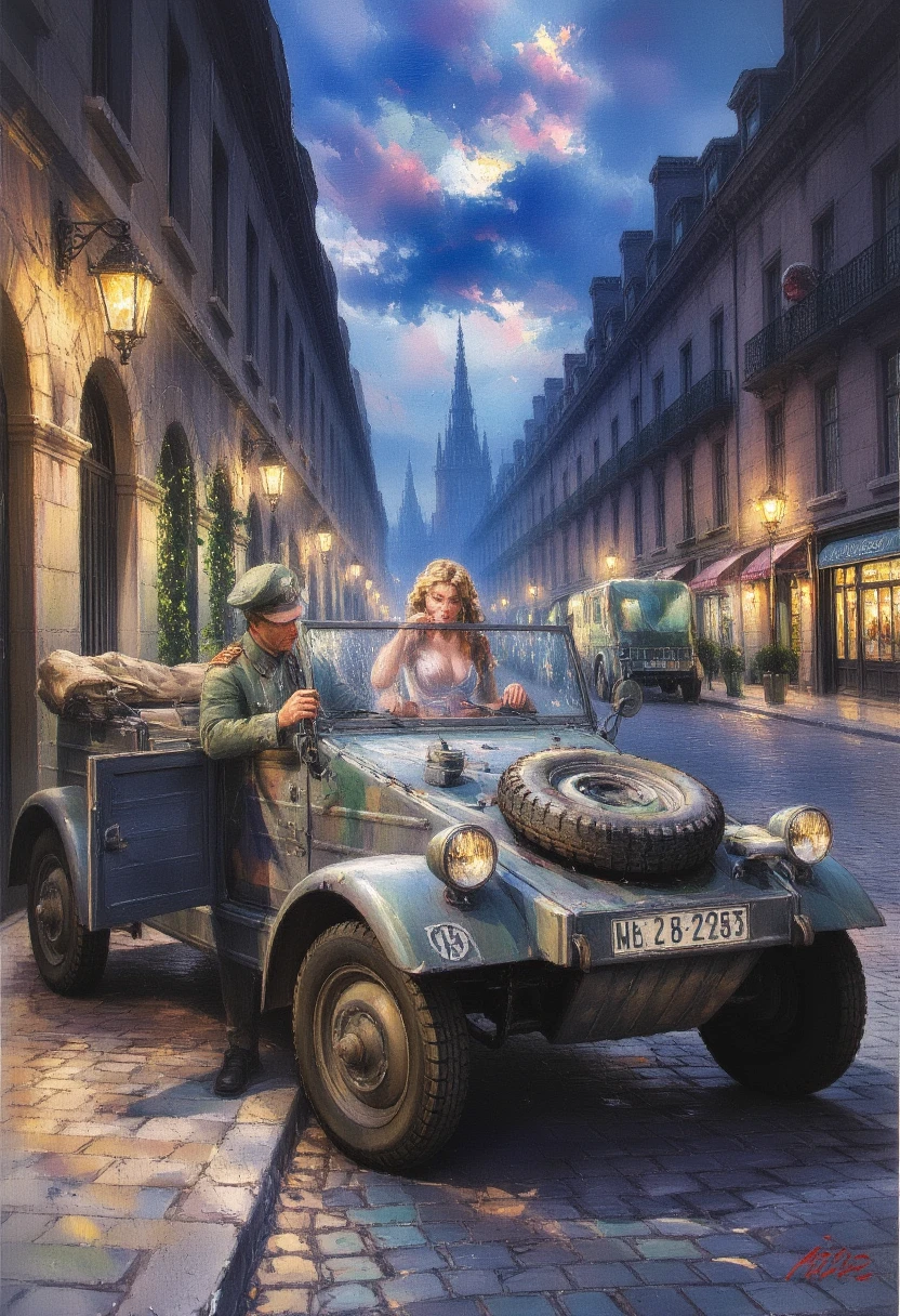 Illustration: A car parked in the suburbs of Paris in 1944 during World War II. A German officer and an attractive woman dressed in flashy clothes are having a lovers' quarrel. At night, on cobblestone streets. <lora:kubelwagen_flux:1>,kubelwagen,  ,door open,car hood, german grey,<lora:ImpressionismFlux:1> ArsMJStyle, impressionism