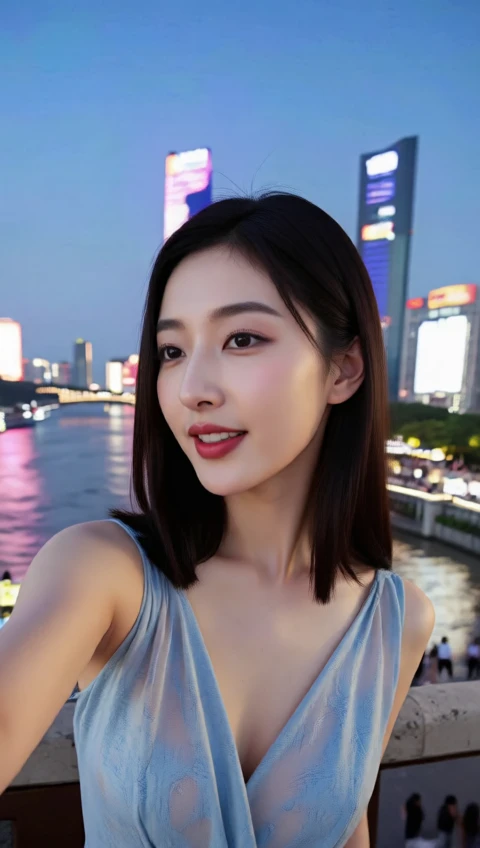 The camera records horizontally a fashionable Chinese beauty at the Bund. Her face is beautiful and her skin is fair. Her black straight hair is over her shoulders. She is wearing a cool and ultra-thin light blue dress, and the hem of the dress flutters in the wind. The beauty holds her mobile phone and takes a selfie facing the Huangpu River intently, with the corners of her mouth raised. Behind her are the bustling buildings and bustling crowds at the Bund, with bright lights. The river wind gently blows, her hair slightly flutters, and her smile is brilliant. The picture is clear and the colors are bright.