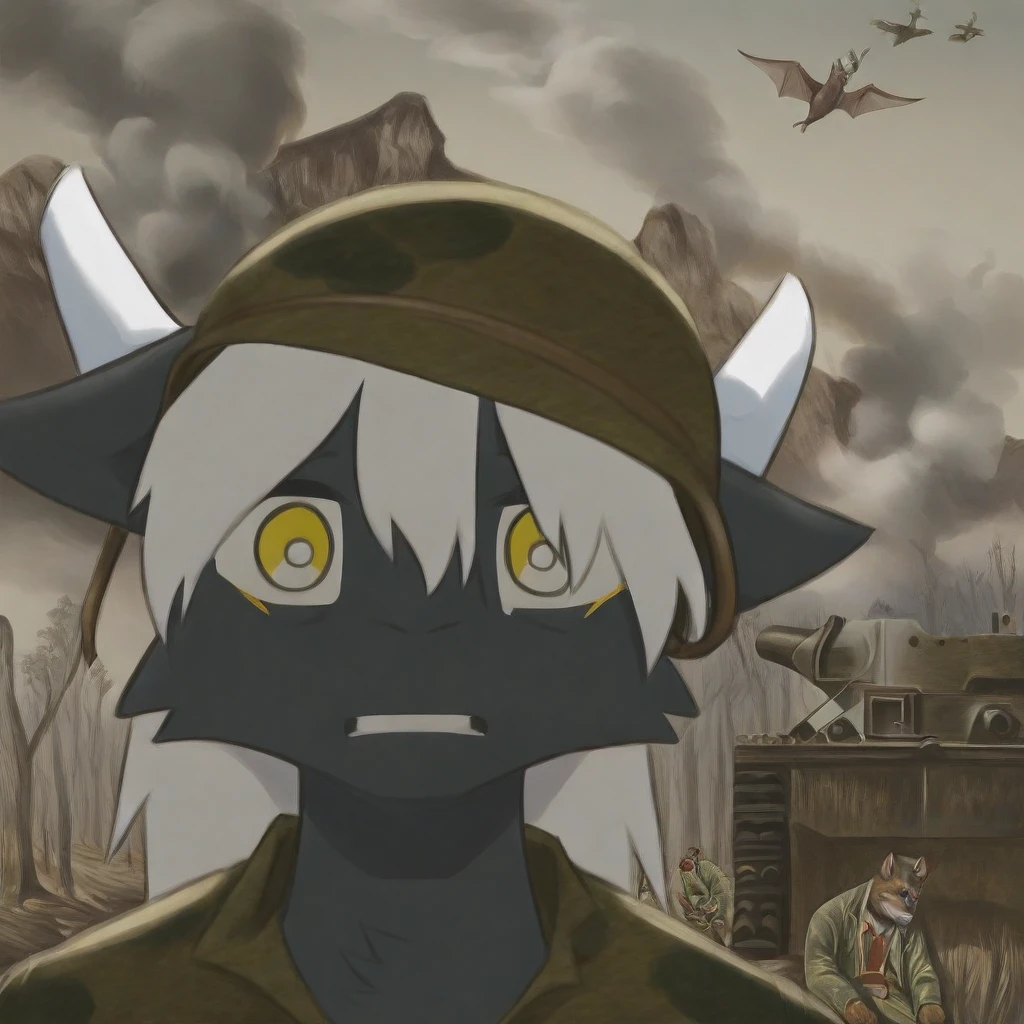 mikus-cooncept, military action in background, exhausted, shocked, looks at viewer, black fur, dragon, furry, white hair, white horns, yellow eyes