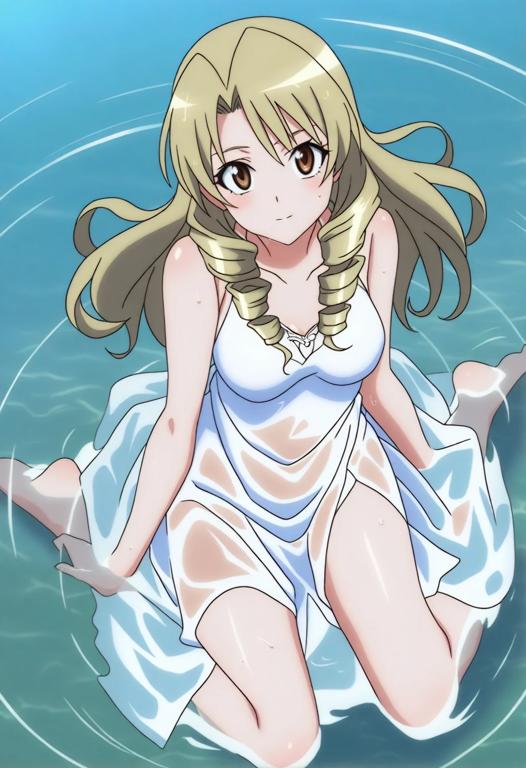 <lora:Saki Tenjouin - [To Love Ru] - illustriousXL v1:1>, sysdeep_saki, long hair, gold hair, twin drills, brown eyes, solo, Lake shore, wet dress clinging, ripples around feet, serene expression