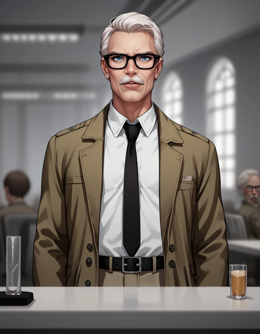 score_9, score_8_up, score_7_up, score_6_up, score_5_up, score_4_up comic PonyXLV6_Scores, NEGATIVE_HANDS, fixl-art ,detailed,   <lora:Commissioner_Gordon:0.8>solo, white hair, short hair, black-framed eyewear, indoors, gun, belt, old man, black necktie, blue eyes, khaki coat, collared shirt, portrait, G0rd0n, 1boy, mustache, source_cartoon, western cartoon . graphic illustration, comic art, graphic novel art, vibrant, highly detailed