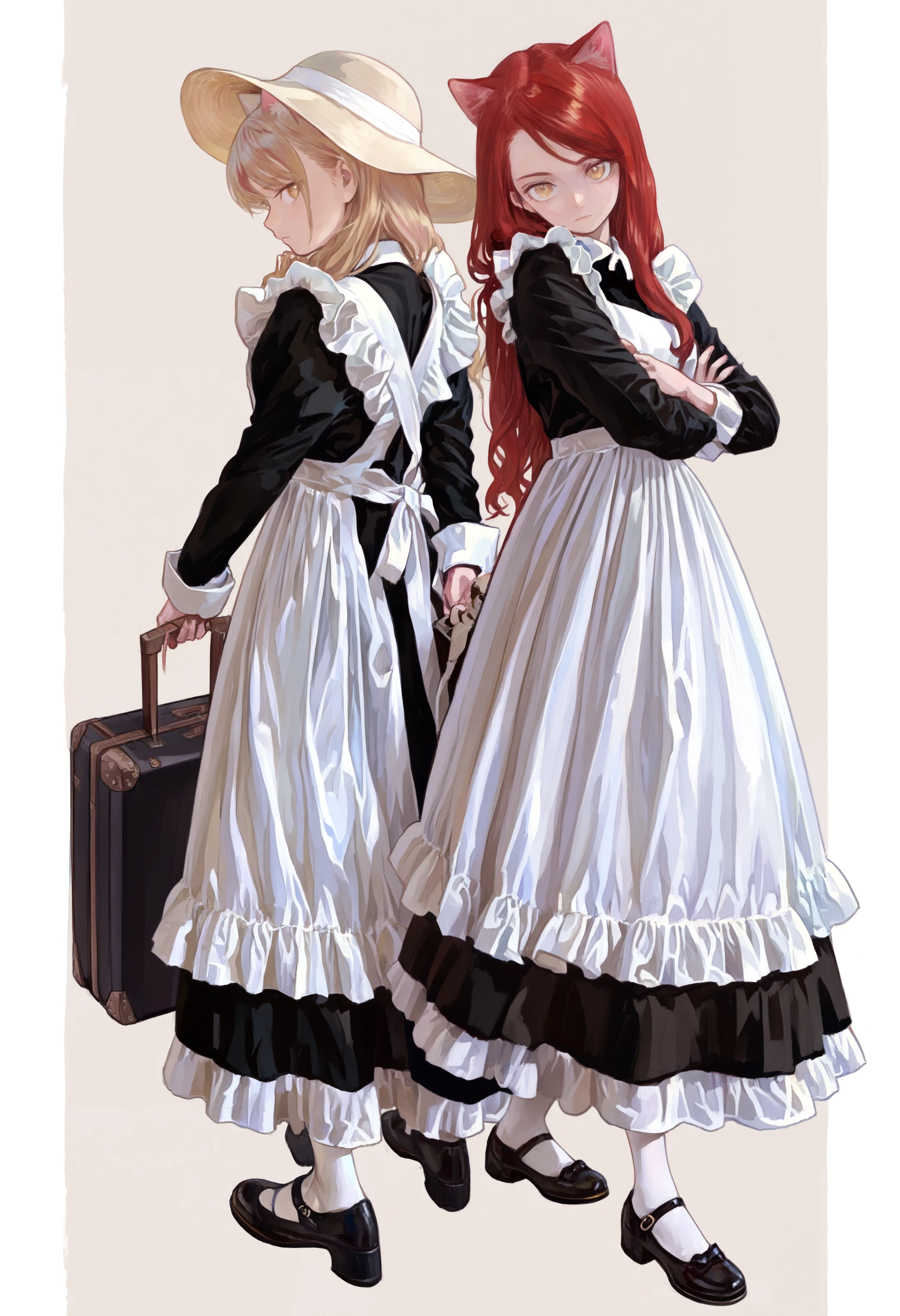 masterpiece, highres, absurdres, newest, very awa, painting \(medium\), (flat color:1.1), pillarboxed, simple background,  2girls, cat ears, maid, apron, long dress, frilled dress, white pantyhose, mary janes, red hair, blonde hair, sun hat,   holding, suitcase, standing, back-to-back, looking back, looking at viewer, crossed arms, arms behind back,   <lora:spo_sdxl_10ep_4k-data_lora_webui>,  <lora:illustrious_noobai_epsilon_pred_1_best_quality_v1:0.4>, <lora:FKEY_WAI>,