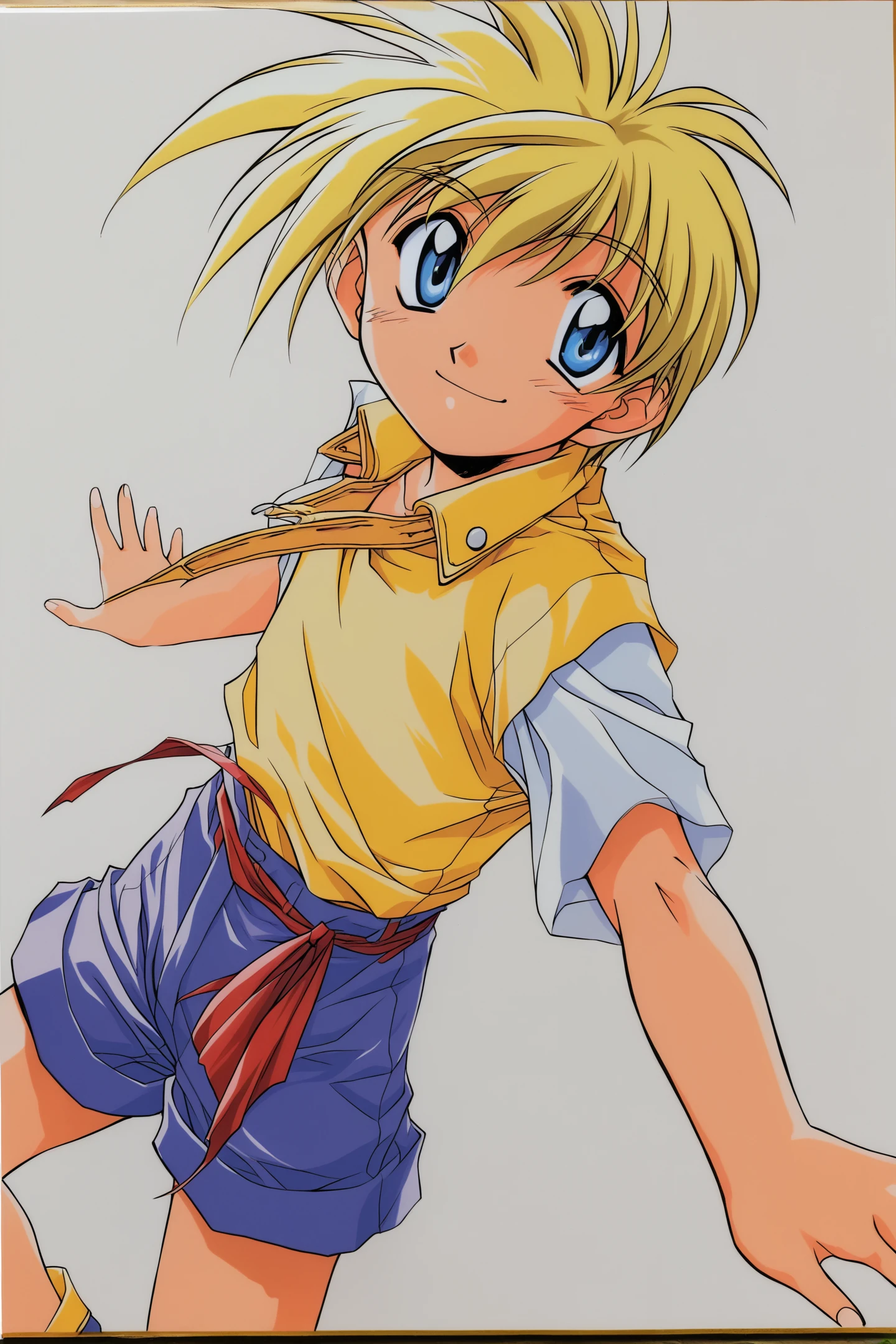 solo,1boy,male focus,blonde hair,shorts,simple background,white background,blue eyes,looking at viewer,smile,
<lora:Yuuya Kusaka_illustriousXL:0.8>,