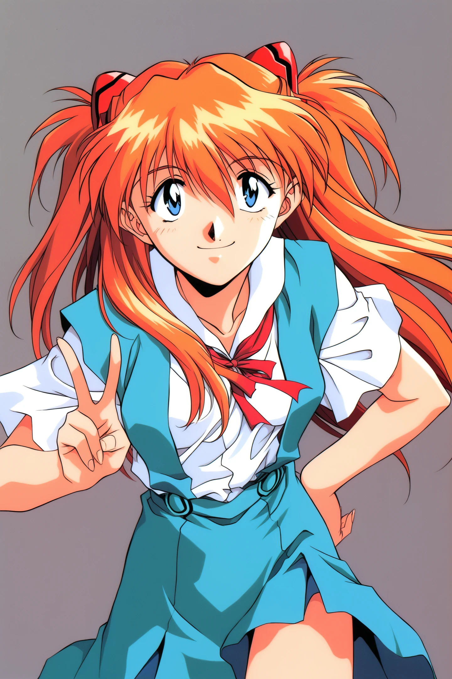 1girl,souryuu asuka langley,solo,1990s \(style\),long hair,school uniform,blue eyes,smile,white background,ribbon,shirt,simple background,v,orange hair,short sleeves,skirt,red ribbon,neck ribbon,white shirt,bangs,hair between eyes,looking at viewer,tokyo-3 middle school uniform,closed mouth,two side up,hair ornament,suspender skirt,interface headset,suspenders,cowboy shot,blue skirt,retro artstyle,
<lora:Yuuya Kusaka_illustriousXL:0.8>,