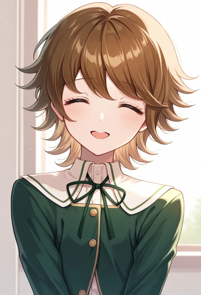 masterpiece, best quality, 
chihiro, 1boy, male focus, solo, closed eyes, brown hair, bangs, crossdressing, shirt, white shirt, collared shirt, ribbon, neck ribbon, jacket, green jacket, long sleeves, smile, open mouth,
indoor