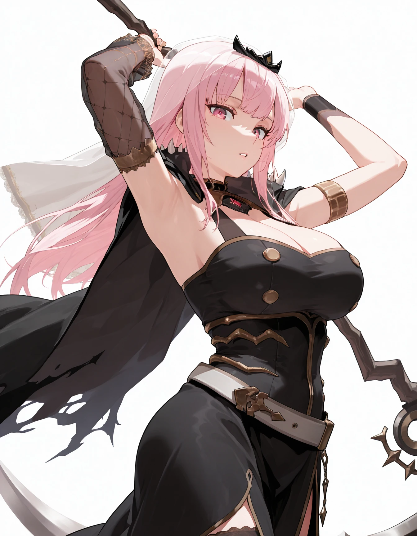 masterpiece, best quality, amazing quality,  
 <lora:moriIL:1>, moriIL, moridef, veil, tiara, long black sleeveless dress, cleavage, side slit, torn black cape, shoulder spikes, single black thighhigh, detached sleeves, see-through sleeve, 1girl, solo, long hair, looking at viewer, large breasts, simple background, thighhighs, white background, dress, holding, weapon, parted lips, belt, black thighhighs, armpits, black dress, arms up, spikes, black cape, scythe, holding scythe, single detached sleeve