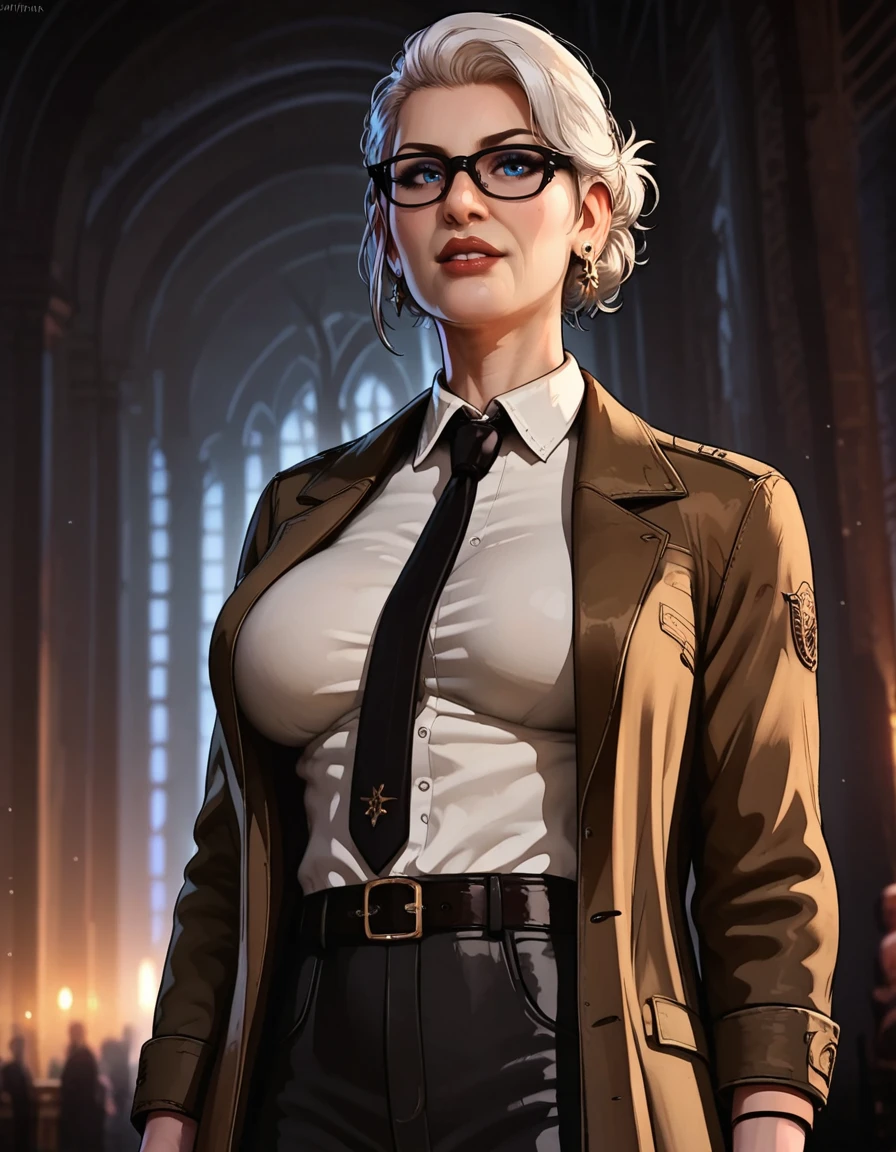 cinematic film still PonyXLV6_Scores, NEGATIVE_HANDS, fixl-art ,detailed,   <lora:Commissioner_Gordon:0.8>solo, white hair, ponytail, black-framed eyewear, indoors, gun, belt, old woman, black necktie, blue eyes, khaki coat, collared shirt, portrait, G0rd0n, 1girl, large breasts, source_cartoon, solo,  . shallow depth of field, vignette, highly detailed, high budget, bokeh, cinemascope, moody, epic, gorgeous, film grain, grainy