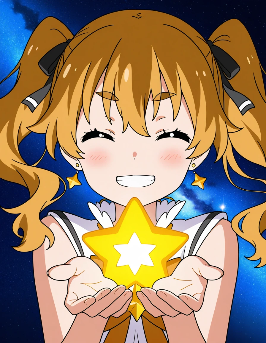 general,highres, ultra-detailed,very aesthetic,best quality ,best hands,  BREAK  <lora:Hikaru_Houkago_no_Pleiades_IS:1> Hikaru(Pleiades), 1girl,solo, twintails, blonde hair, yellow eyes,long hair, hair ribbon, 
closed eyes, smile, earrings, jewelry, grin, star (symbol), brown hair, ribbon, space, bow
galaxy, star,