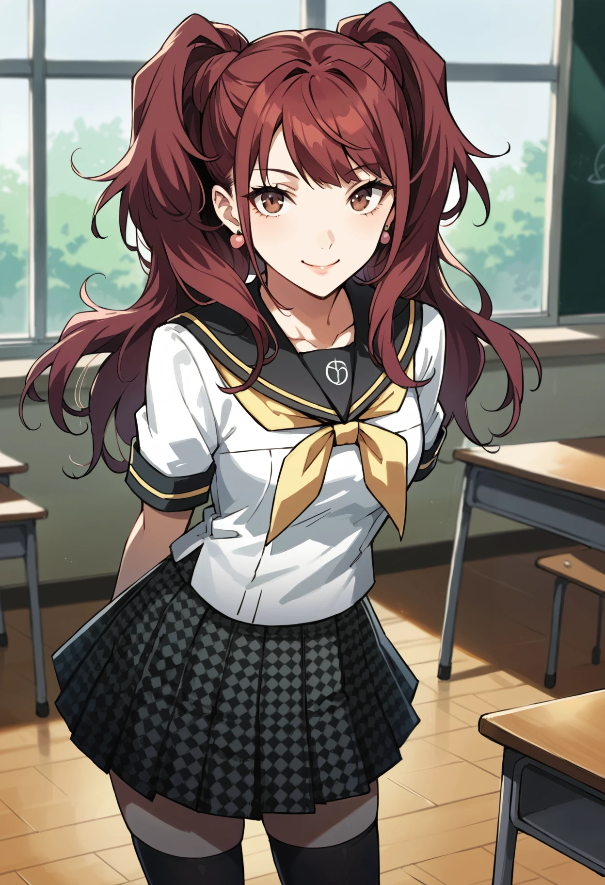 score_9, score_8_up, score_7_up, (source_anime), 1 girl, solo, nsfw, cute face,
p4rise, twintails, kujikawa rise, long hair, red hair, earrings, school uniform, serafuku, yasogami school uniform, skirt, brown eyes, houndstooth skirt, black thighhighs, zettai ryouiki,
looking at you, smile, arms behind back, thighs, 
classroom,
masterpiece, best quality, ultra detailed, absurdres, very aesthetic