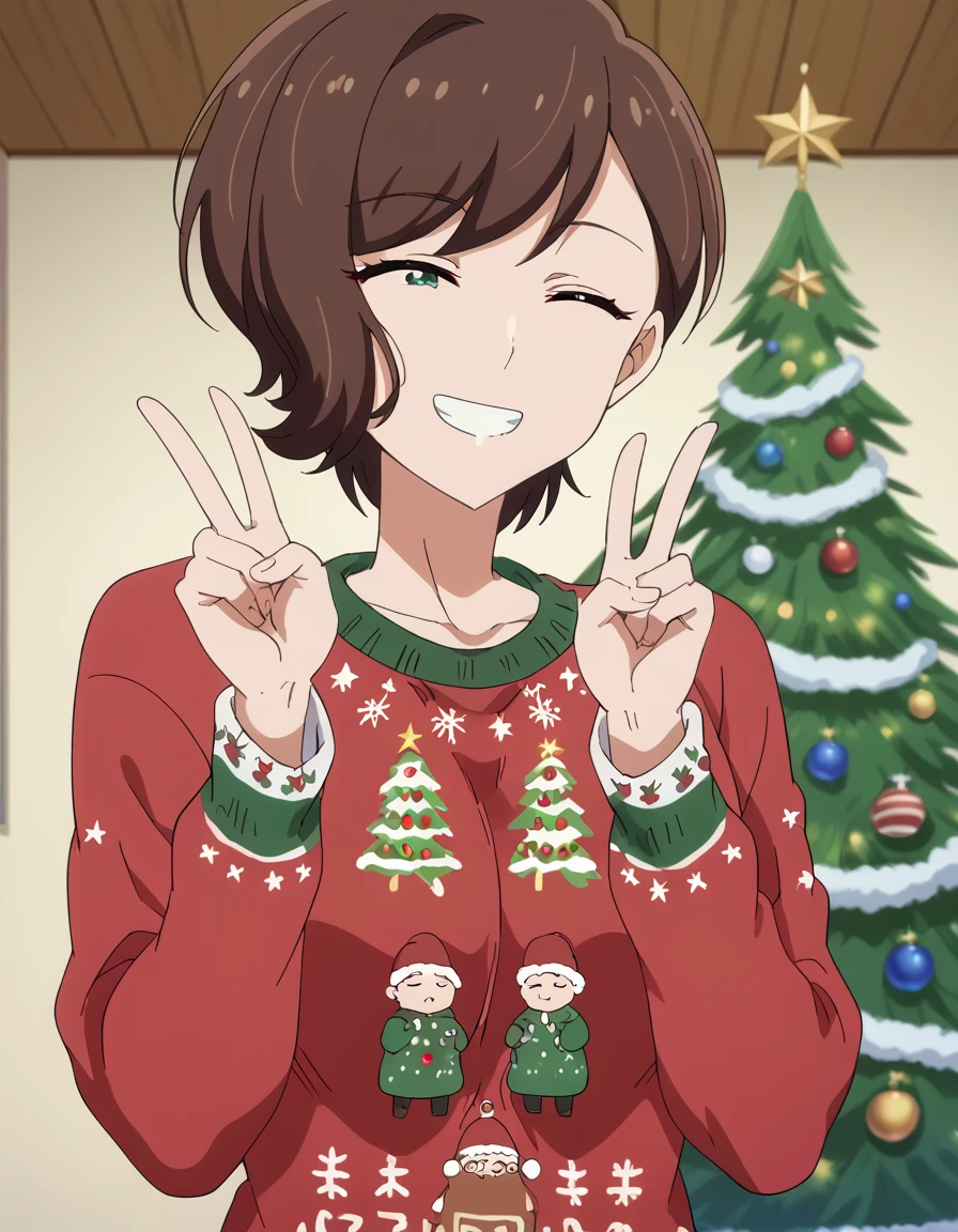 score_9, score_8_up, score_7_up, source_anime, <lora:kekkonsuru-kaori-s1-ponyxl-lora-nochekaiser:1>, kaori, short hair, brown hair, green eyes, medium breasts, anime screencap,, <lora:christmas-sweater-ponyxl-lora-nochekaiser:1>, christmas sweater, christmas, ugly sweater, print sweater, red sweater, christmas tree, christmas ornaments, sweater, multicolored sweater, , v, smile, hands up, teeth, closed eyes, cowboy shot,, , dutch angle, cowboy shot