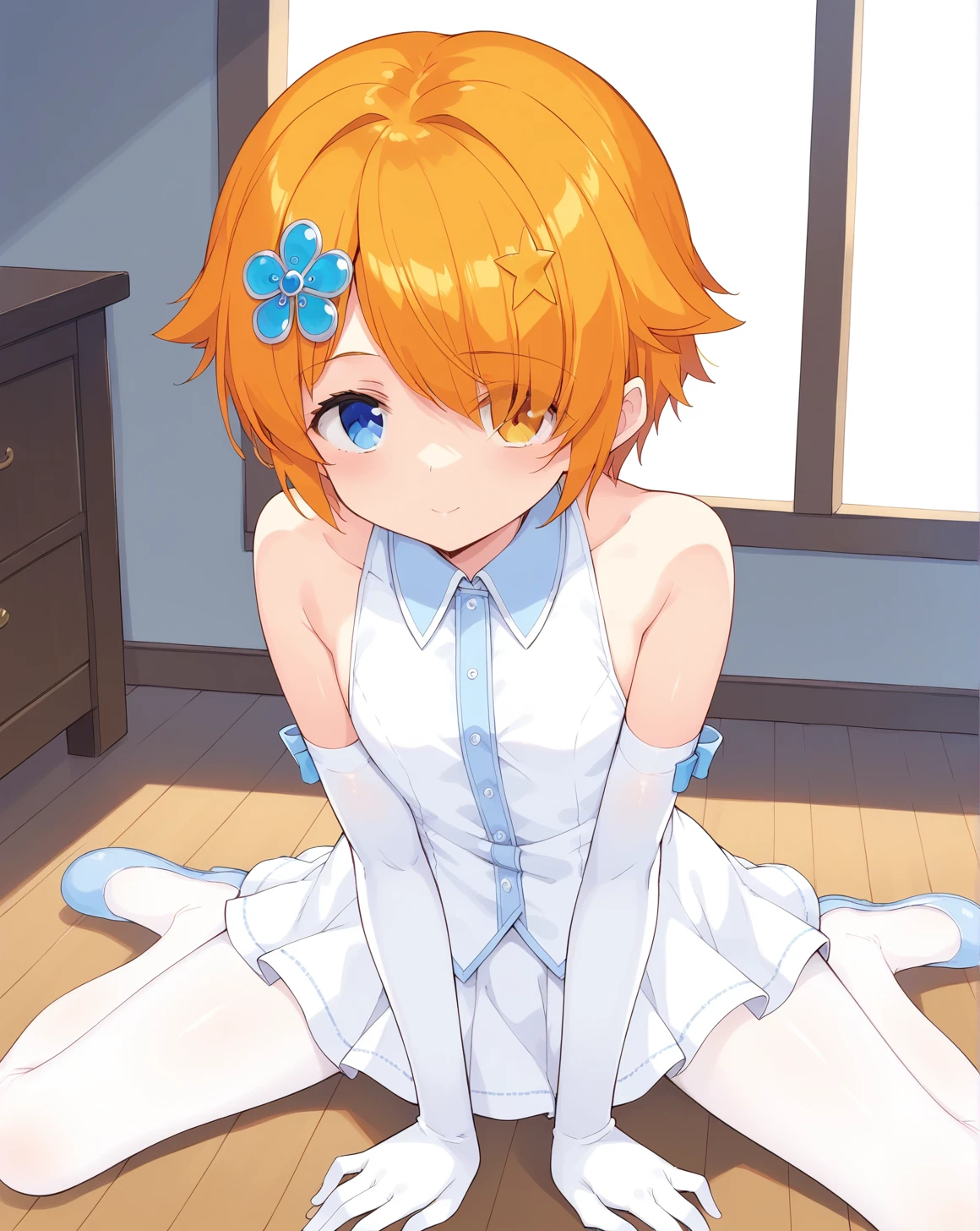 <lora:Andrea_Owen_2_v1.0:0.9>,AndreaOwen,orange hair,blue eye,hair over one eye,heterochromia,hair ornament,short hair,flat chest,
ballet dress,collared shirt,elbow gloves,white pantyhose,ballet slippers,
1girl,anime screenshot,solo,
sitting,wariza,on floor,looking up,leaning forward,
dance studio,dutch angle,indoors,, score_9,score_8_up,score_7_up,source_anime,best quality,masterpiece,uncensored,beautiful eyes,