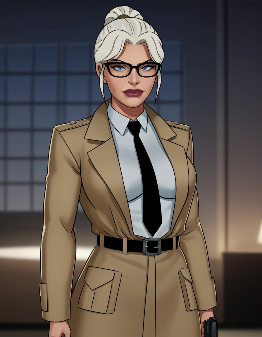 cinematic film still PonyXLV6_Scores, NEGATIVE_HANDS, fixl-art ,detailed,   <lora:Commissioner_Gordon:0.6>solo, white hair, ponytail, black-framed eyewear, indoors, gun, belt, old woman, black necktie, blue eyes, khaki coat, collared shirt, portrait, G0rd0n, 1girl, large breasts  <lora:SunsetRiders7v2:1.2> . shallow depth of field, vignette, highly detailed, high budget, bokeh, cinemascope, moody, epic, gorgeous, film grain, grainy