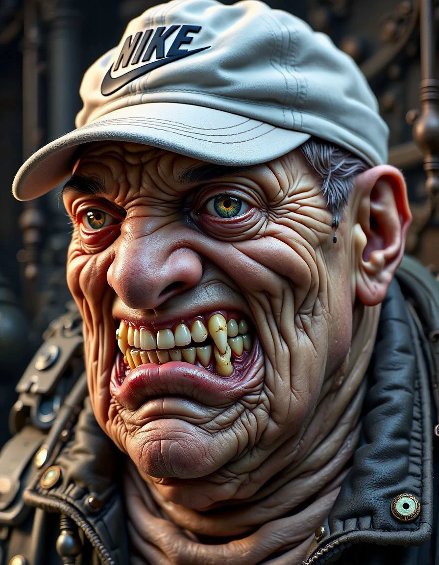 doudou,Hyperrealistic 3D render of an exaggerated caricature, grotesque voluptuous woman in worn Nike cap, deep wrinkles etching her face, oversized mouth revealing decaying yellow teeth, grimy skin texture, dramatic shadows, cinematic lighting, unsettling atmosphere, highly detailed.<lora:doudouille:1>