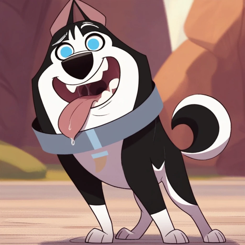 score_9, score_8_up, score_8, score_7, source_cartoon, Hansel(101), solo, 1boy, feral, dog, dog boy, Siberian husky, black and white fur, curved tail, pointed ears, blue eyes, black nose, silver collar, full body, looking at viewer, smiling, standing, close up, mouth shot, mawshot, open mouth, vore, imminent vore, saliva, tongue, throat, uvula,